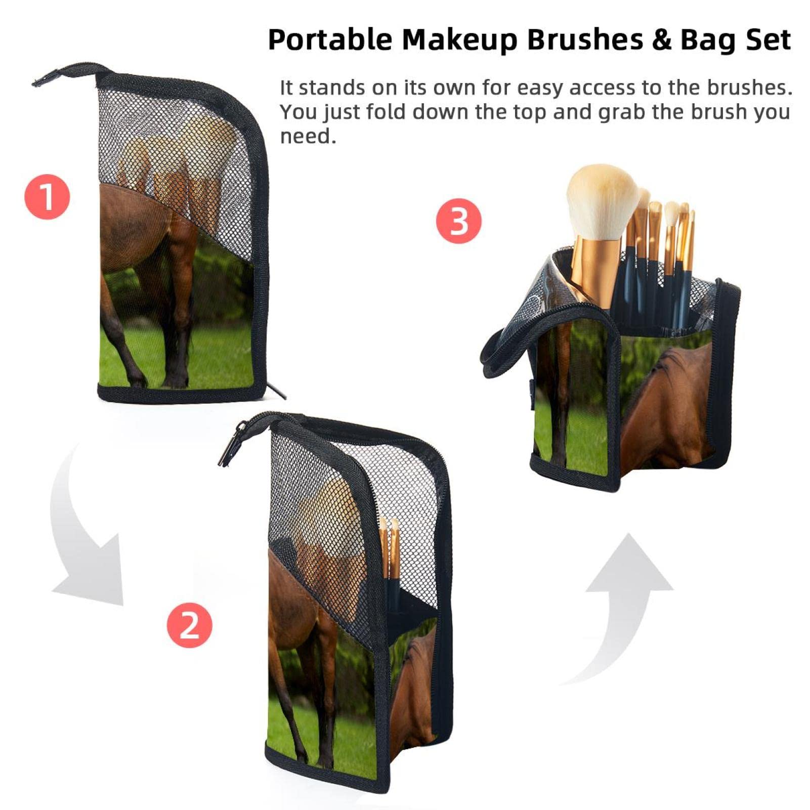 Portable Makeup Brush Organizer Bag with 12 Slots - Brown Horse Print Cosmetic Brush Holder Case for Travel & Home Storage | Perfect for Makeup Artists & Beauty Enthusiasts