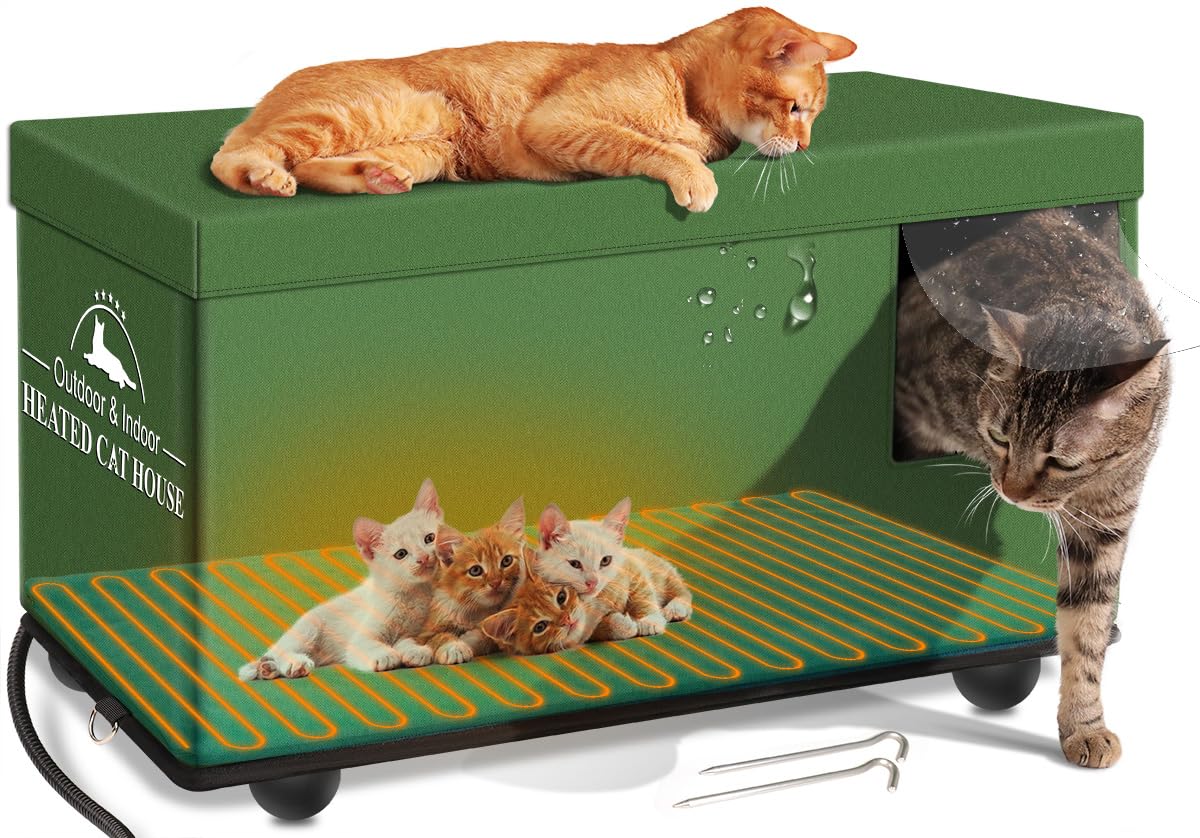 Heated Outdoor Cat House - Waterproof & Insulated Winter Shelter for Feral Cats with Pet Heating Pad | Weatherproof Warm Kitty Bed for Stray, Barn & Outdoor Cats in Cold Weather | Perfect for Backyard, Porch & Garage Use