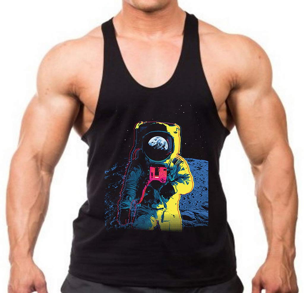 Koyotee Men's Astronaut Print Stringer Tank Top - Black - Gym Workout, Running, Casual Streetwear