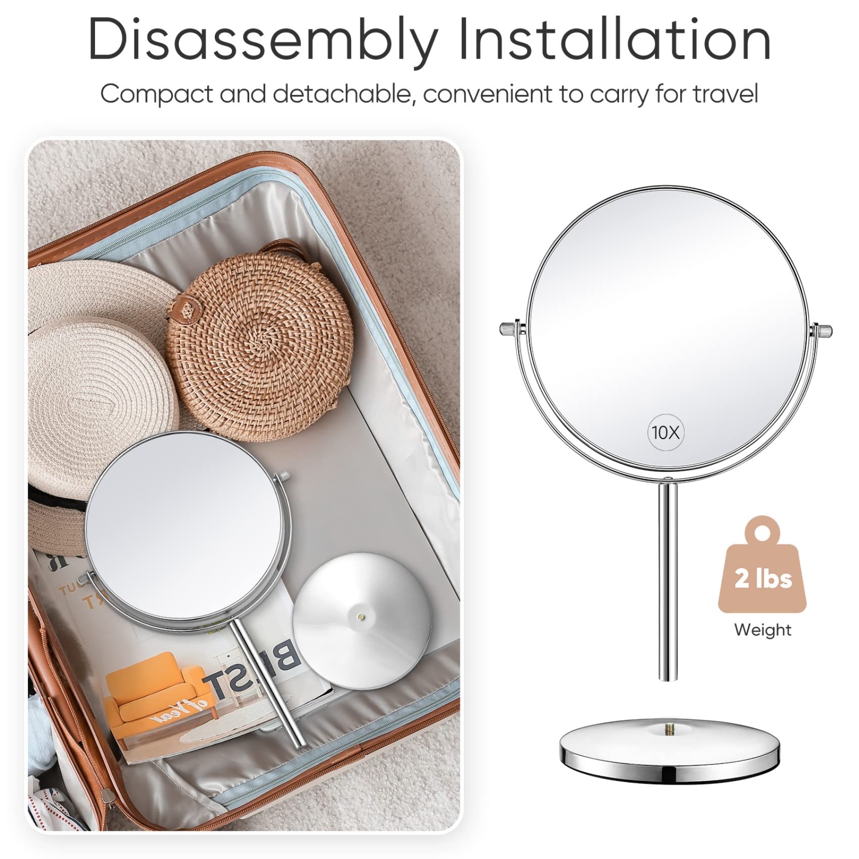 Orange Tech 8-Inch Large Double-Sided Magnifying Makeup Mirror with 360° Swivel - 1X/10X Vanity Mirror with Stand & Removable Base (15