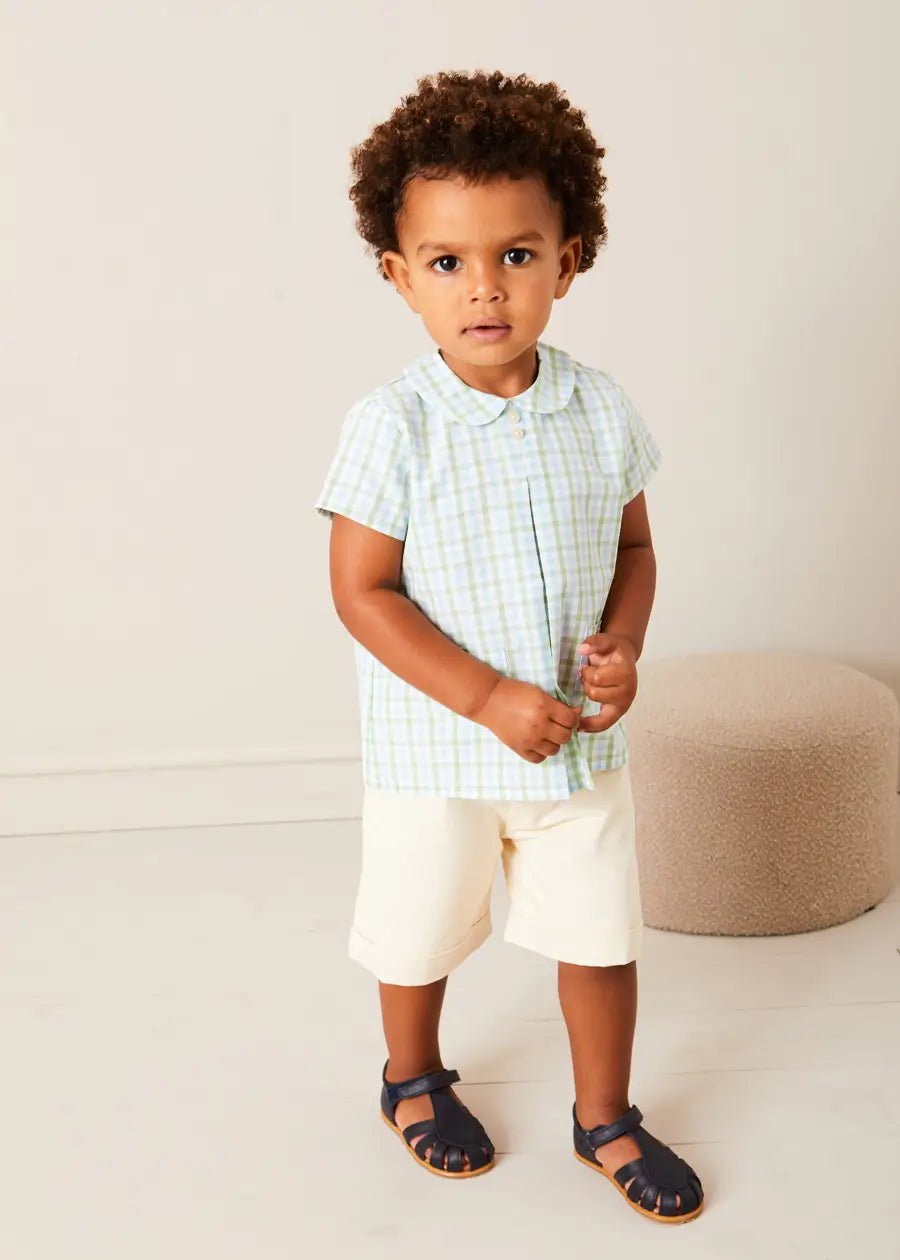 Maxwell Gingham Peter Pan Collar Short Sleeve Shirt for Baby & Toddler - Green Plaid Cotton Top (18 Months to 5 Years) | Casual Outfit, Photo Shoot & Special Occasion Wear