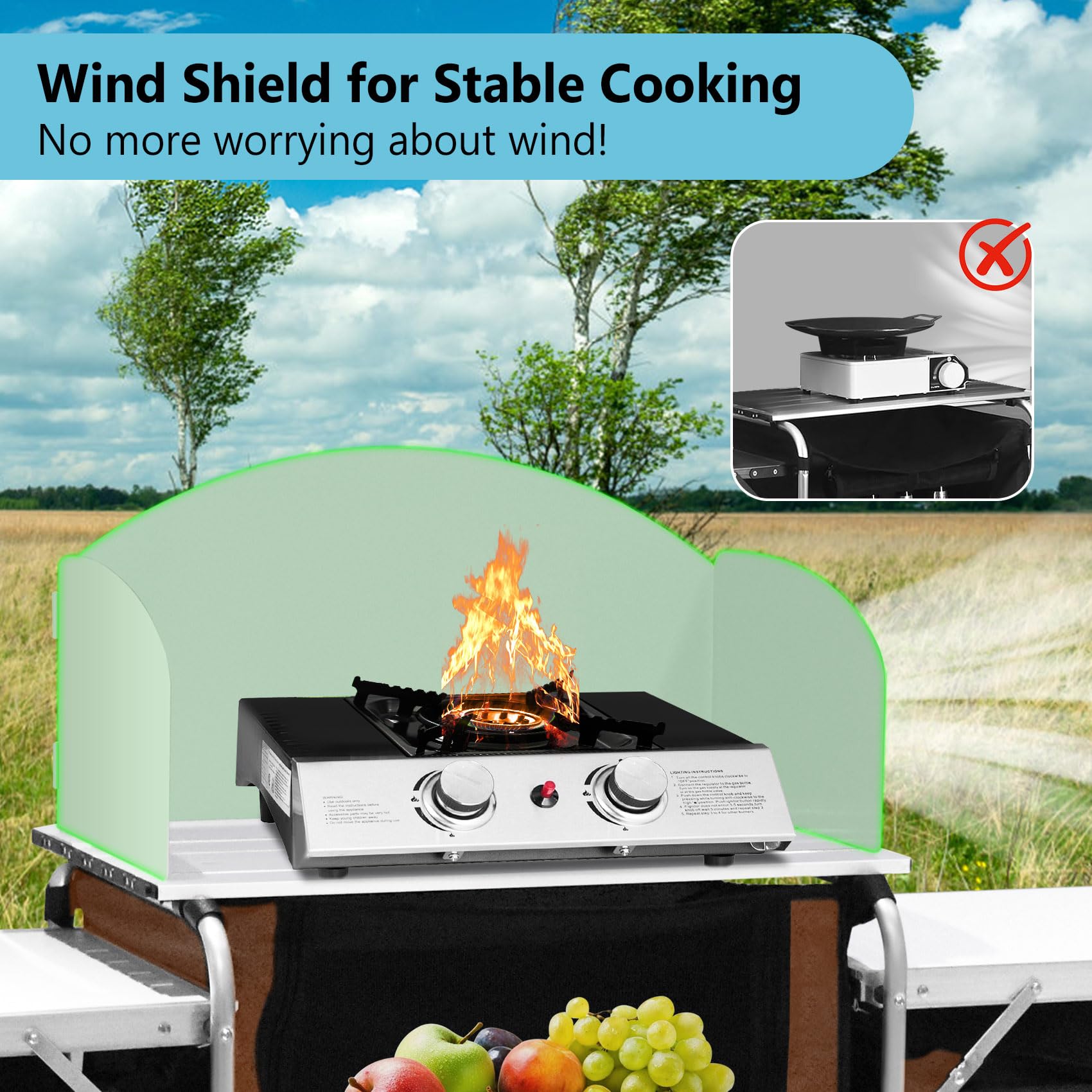 Portable Aluminum Camping Kitchen Table with Windscreen & 3 Storage Cupboards - Foldable Outdoor Cooking Table for BBQ, Picnics, Parties - Perfect for Camping, Backpacking & Tailgating Adventures