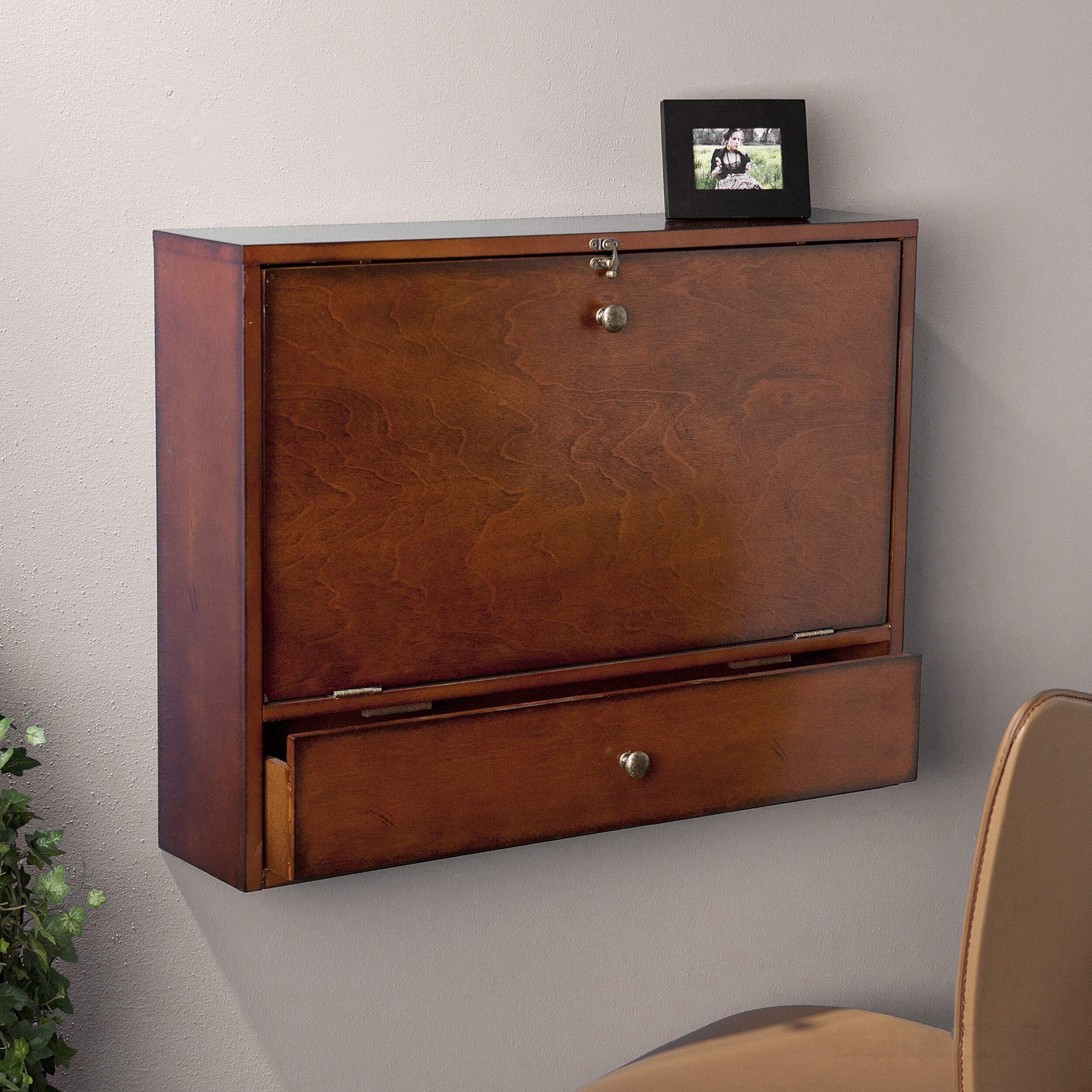 Brown Mahogany Wall-Mounted Laptop Desk with Drawers - Black, Blue, Gold, Green, Purple, Silver, White - MDF Wood & Metal Veneer Finish - Space-Saving Home Office & Small Apartment Workstation