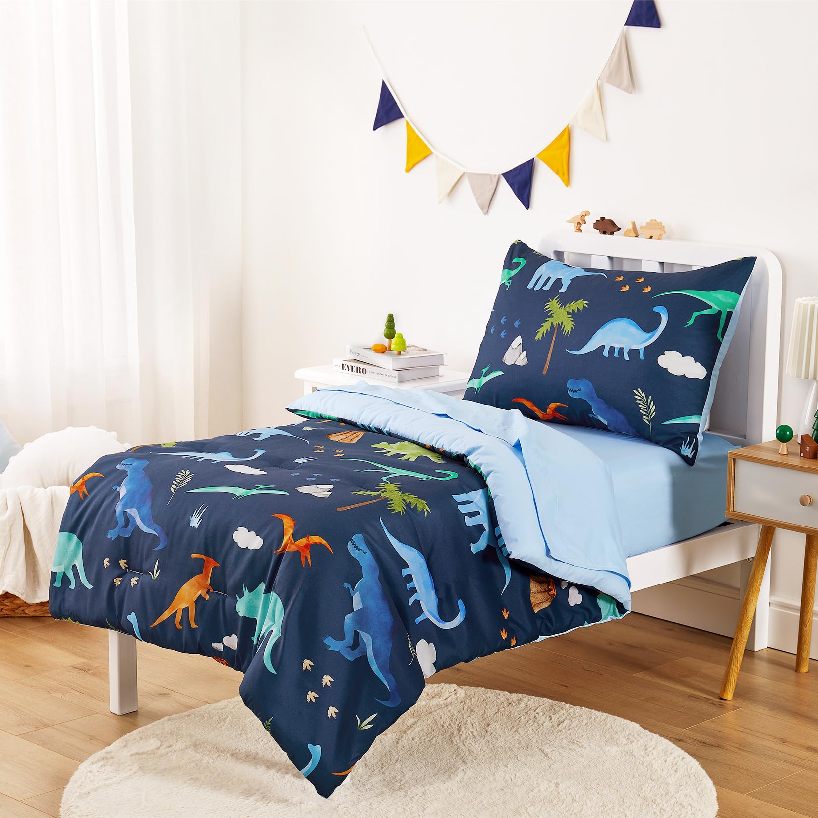 Wake In Cloud - 4-Piece Soft Toddler Bedding Set for Boys, Dinosaur & Volcano Theme, Navy Blue - Includes Comforter, Fitted Sheet, Flat Sheet & Pillowcase - Perfect for Nursery, Daycare or Kids' Room Decor