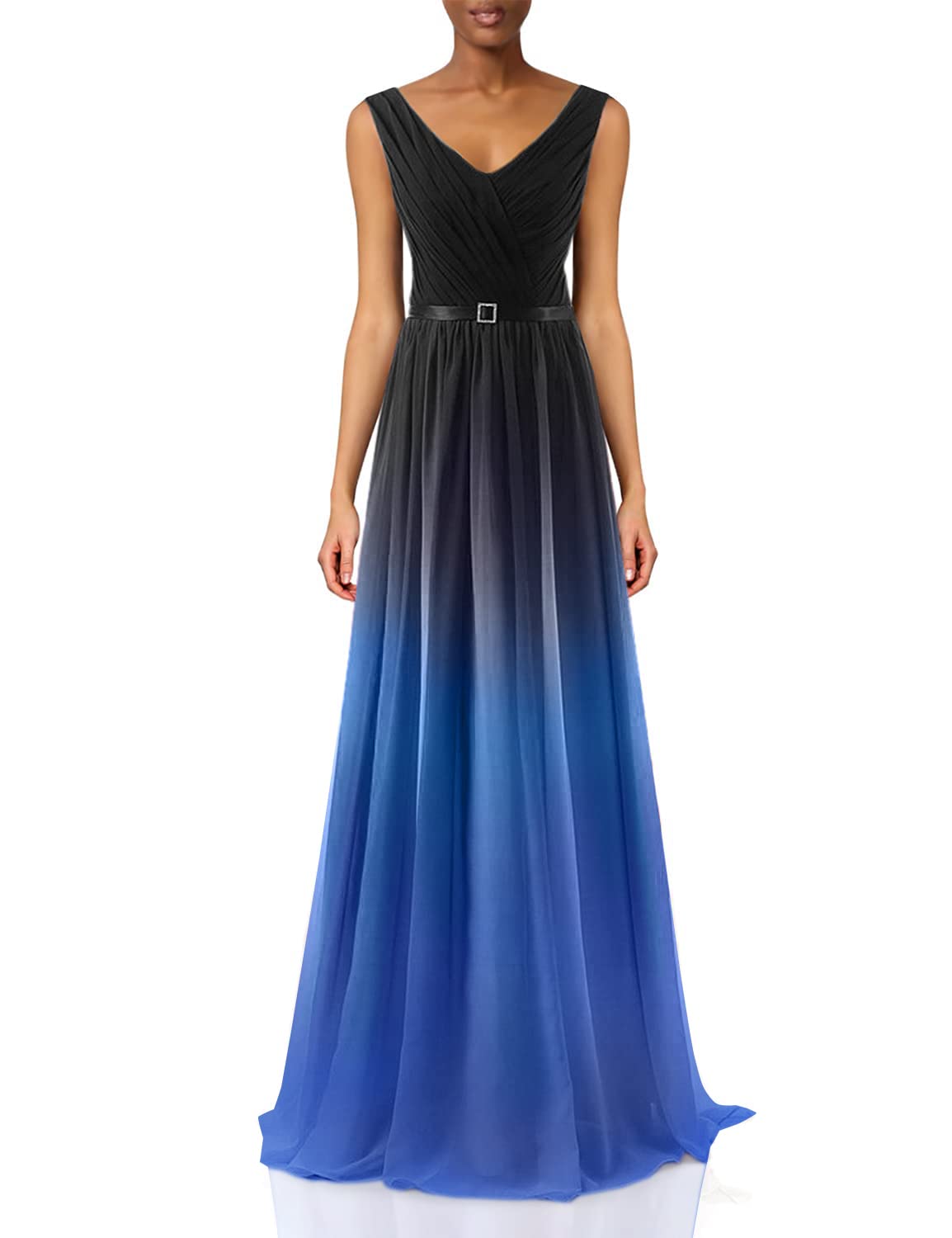 Kivary® Black V-Neck Sash Gradient Ombre Chiffon Long Formal Prom Evening Dresses for Women - Elegant Gown for Homecoming, Wedding Guest, Cocktail Party & Special Occasions
