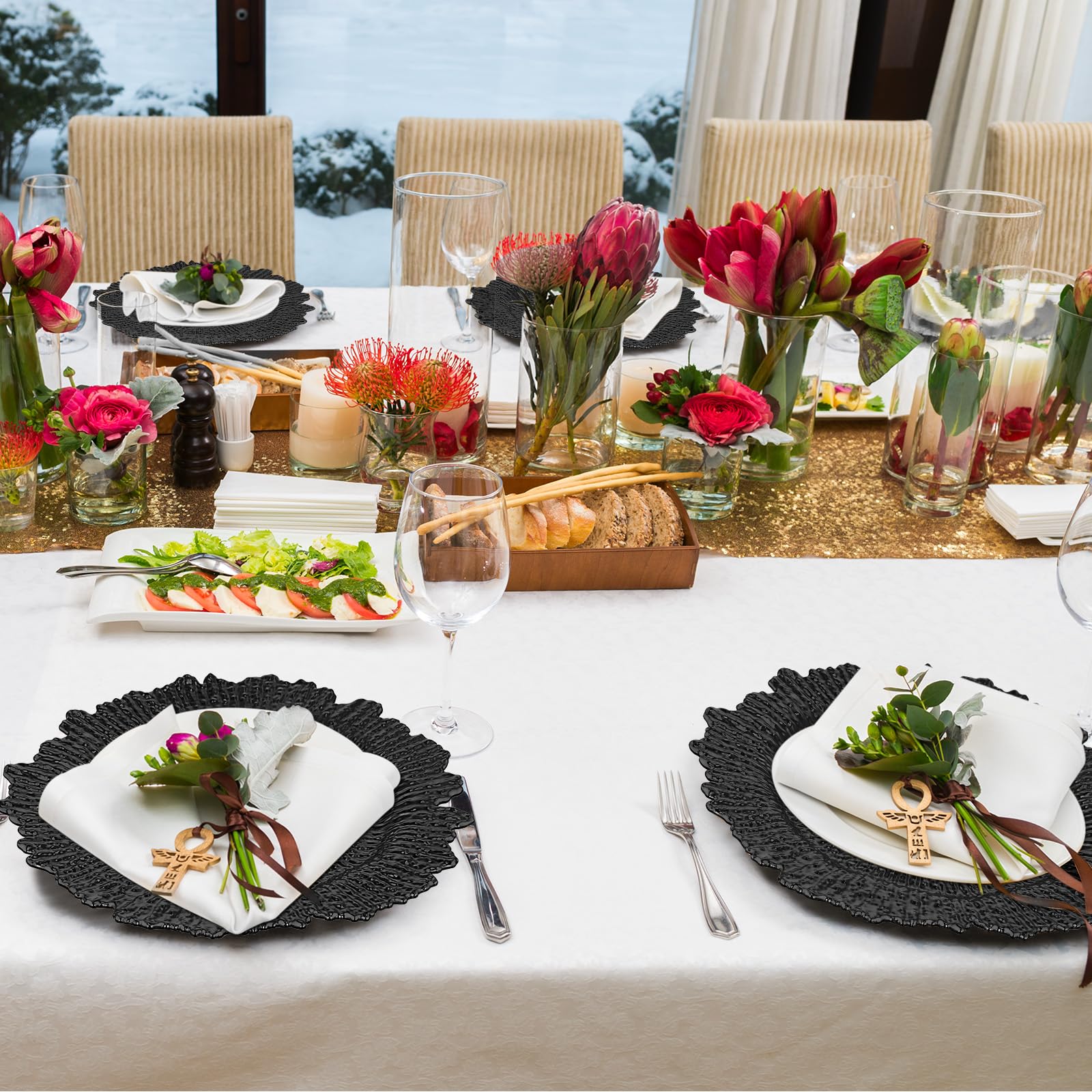 32 Pack Black Plastic Charger Plates Set - 13 Inch Floral Decorative Dinner Plates for Wedding, Party & Table Setting - Elegant Serving Trays for Reef Themed Events & Home Decor