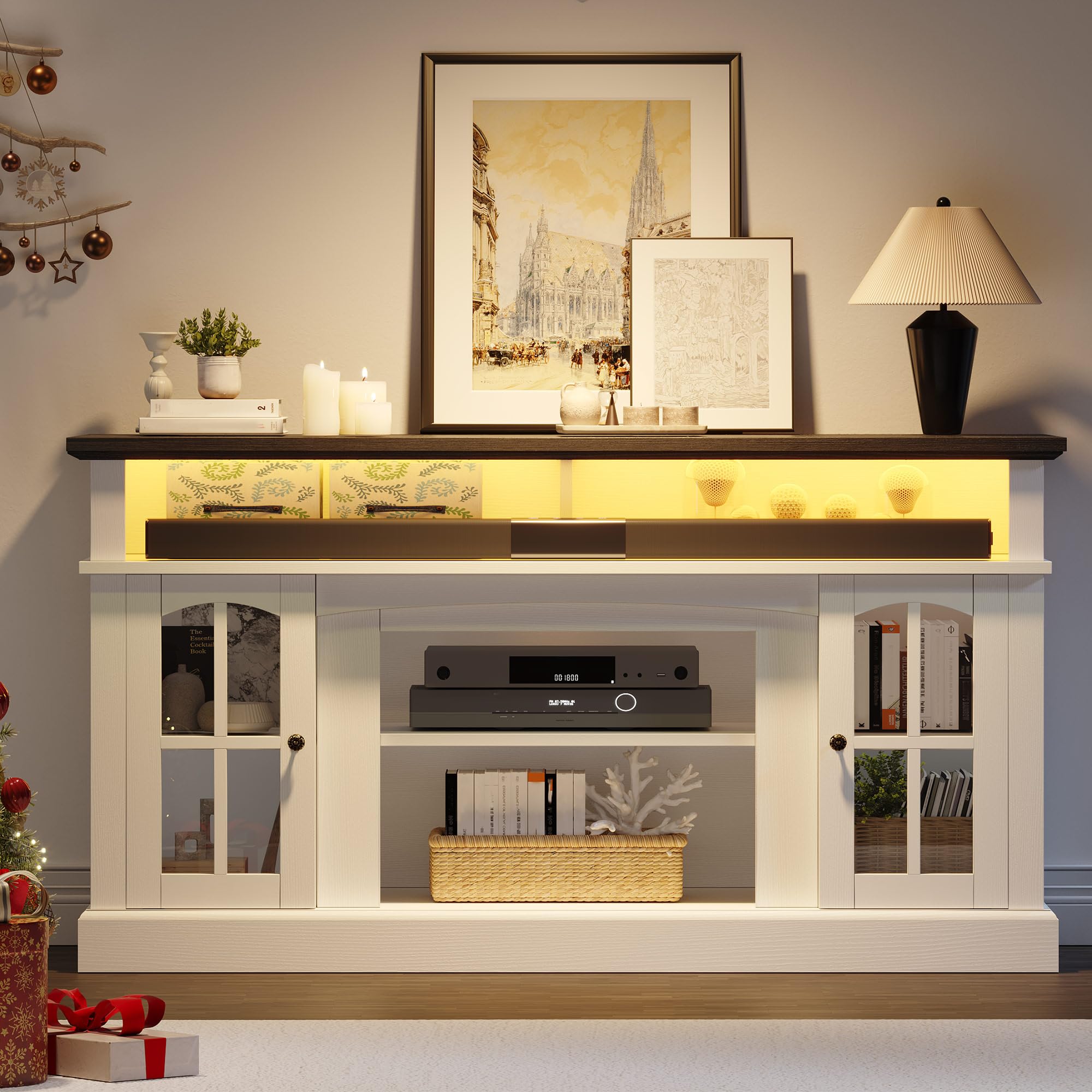 YITAHOME 65 Inch Modern LED TV Stand with Built-in Outlets, Farmhouse Style Entertainment Center with Glass Doors & Adjustable Shelves - Media Console Cabinet for Living Room (White/Black) | Perfect for Home Theater Setup & Living Room Organization