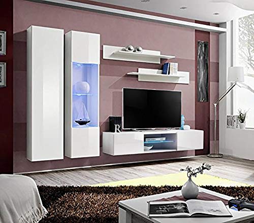 Fly A5 33 Inch Wall Mount TV Stand - Modern White Entertainment Center with Storage Shelves & LED Lights for Bedroom & Living Room - Space-Saving TV Console for Small Apartments & Home Theaters