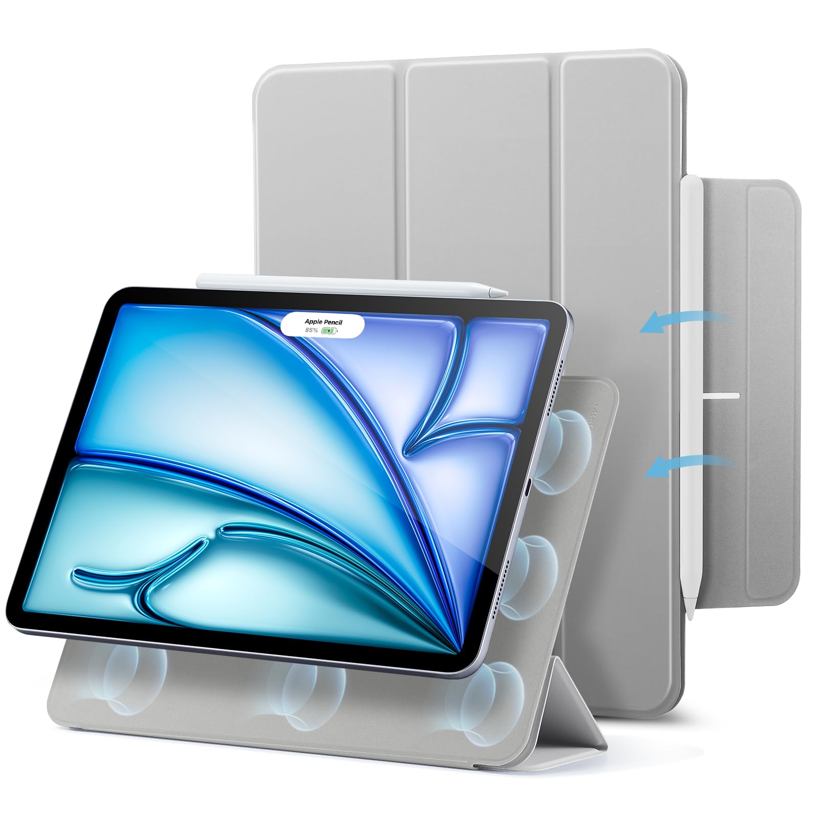 ESR Magnetic iPad Air 11 Inch Case for M3/M2 (2025/2024/2022/2020 Models) - Slim Trifold Stand Cover with Pencil Pro & USB-C Pencil Support, Durable Protective Shell in Grey - Perfect for Work, Travel & Home Use