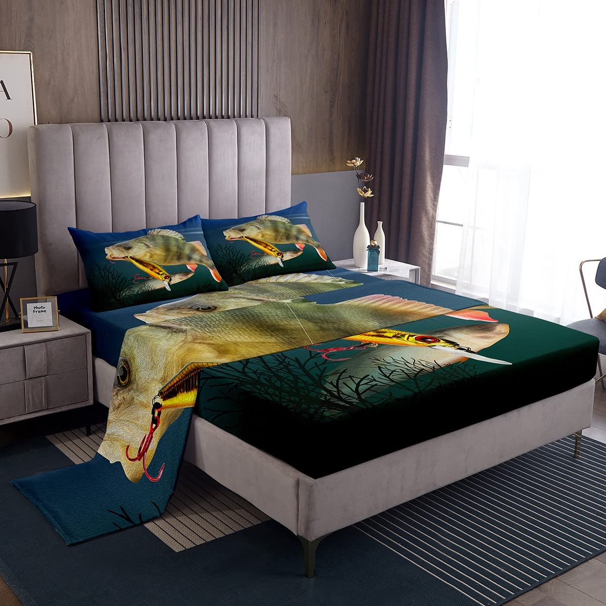 **Feelyou Big Pike Fish Twin Size Bed Sheet Set - Striped Bass Fishing Theme Bedding for Kids, Boys & Girls - Includes 1 Fitted Sheet & 1 Pillowcase - Perfect for Hunting & Fishing Enthusiasts' Bedrooms**