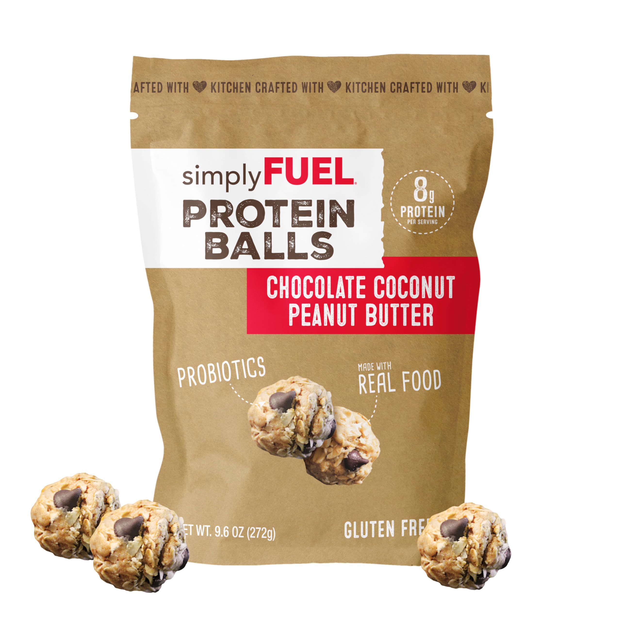 SimplyFUEL Whole Food Protein Balls with Probiotics - Chocolate Coconut Peanut Butter Energy Snacks - 8g Plant-Based Protein, Gluten Free, Vegan, Non-GMO (12 Balls) - Perfect for Post-Workout Recovery, Healthy On-the-Go Snacking & Travel Nutrition