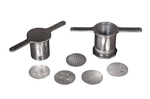 Premium UROOJ Aluminum Kitchen Press with 5 Blades - Snack Maker, Noodles Press, Murukku Maker, Karampoosa Giddalu - Perfect for Homemade Chips, Pasta, and Traditional Indian Snacks (Silver)