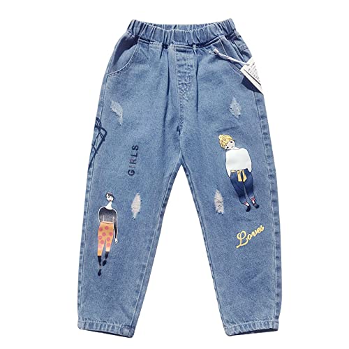 Balipig Girls Skinny Jeans - Cartoon Print Straight Leg Casual Pants for 8-9 Year Olds | Perfect for School, Playdates & Everyday Wear