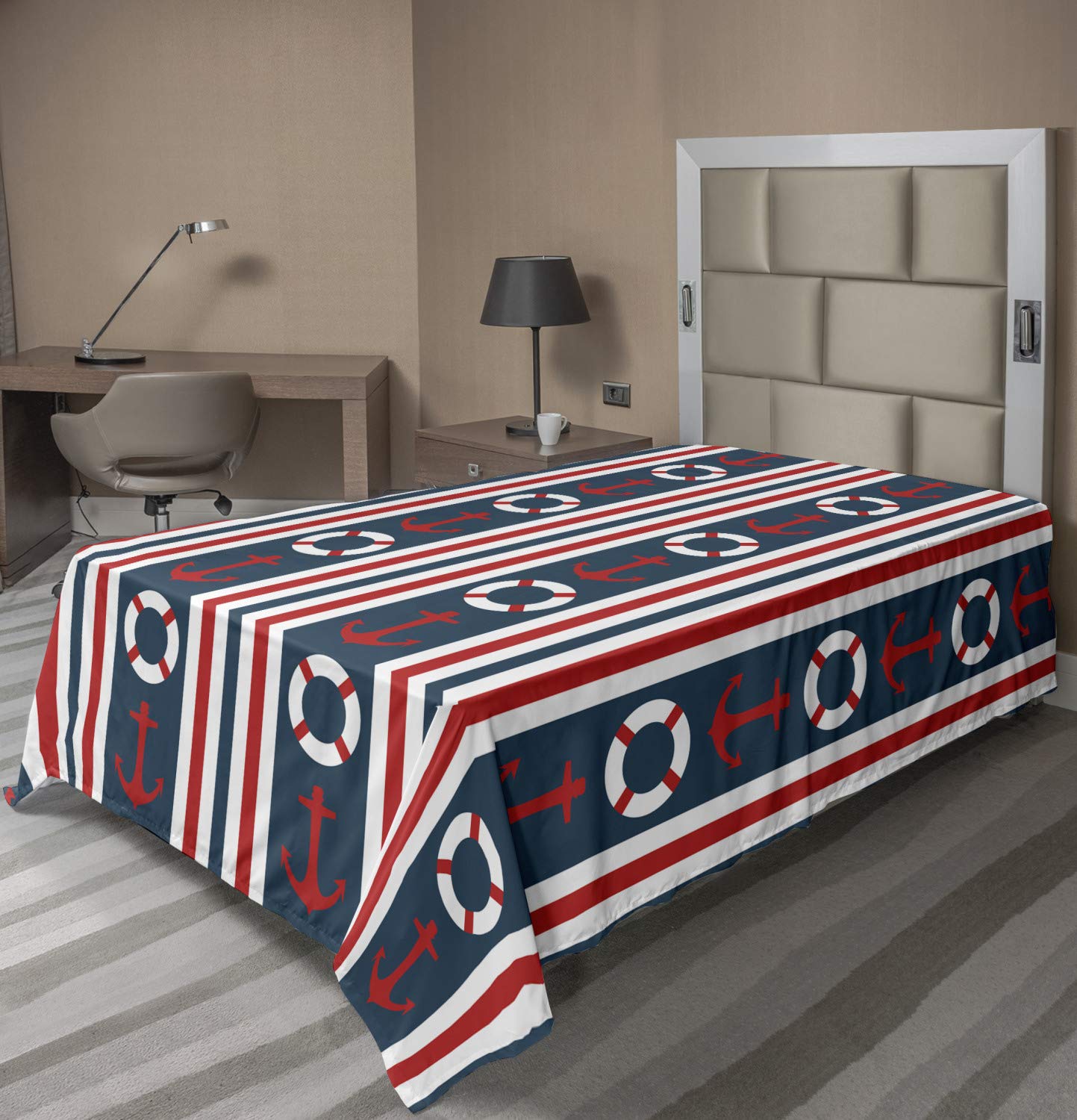 Ambesonne Nautical Twin Flat Sheet - Striped Maritime Design with Steering Wheel & Anchor Pattern | Soft Comfortable Bedding for Coastal Decor | Perfect for Guest Rooms, Beach Houses & Nautical Themed Bedrooms (Indigo Red White)