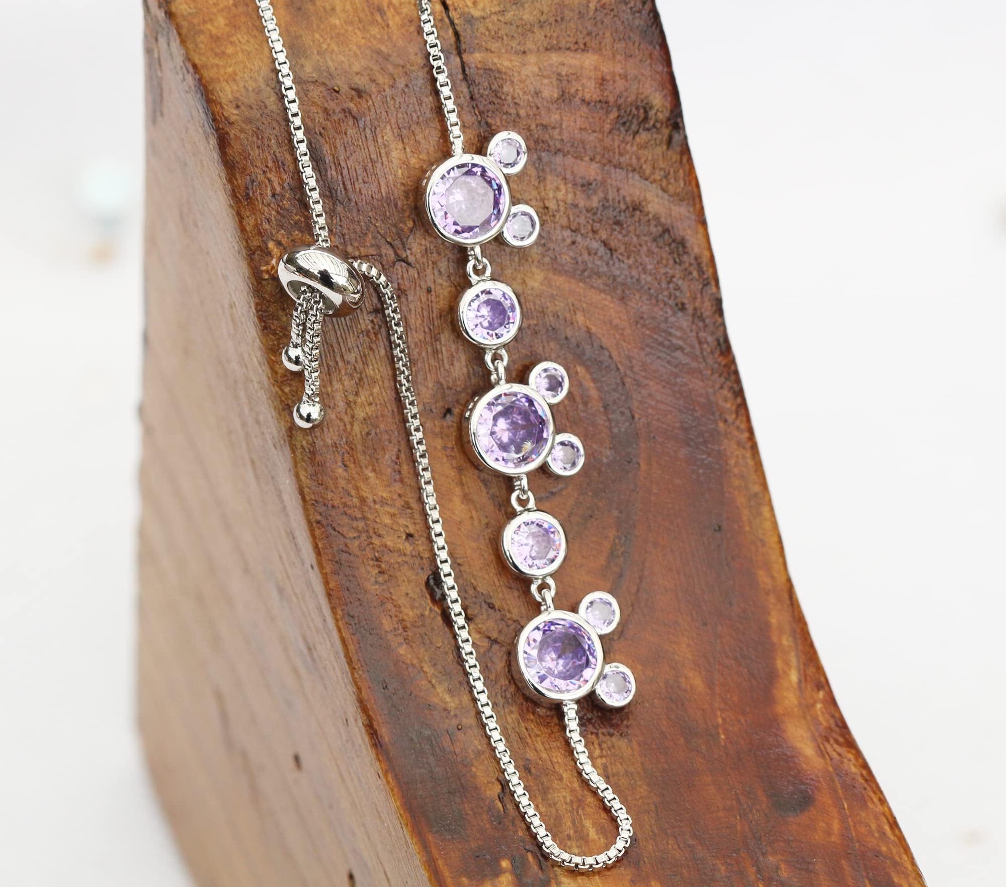Kaguyo Silver Mickey Mouse Crystal Bracelet for Women - Adjustable Infinity Link Charm Bracelet with Clear Amethyst Pink CZ Stones, Friendship Gift for Women & Girls | Birthday Present, Disney Jewelry for Everyday Wear & Special Occasions