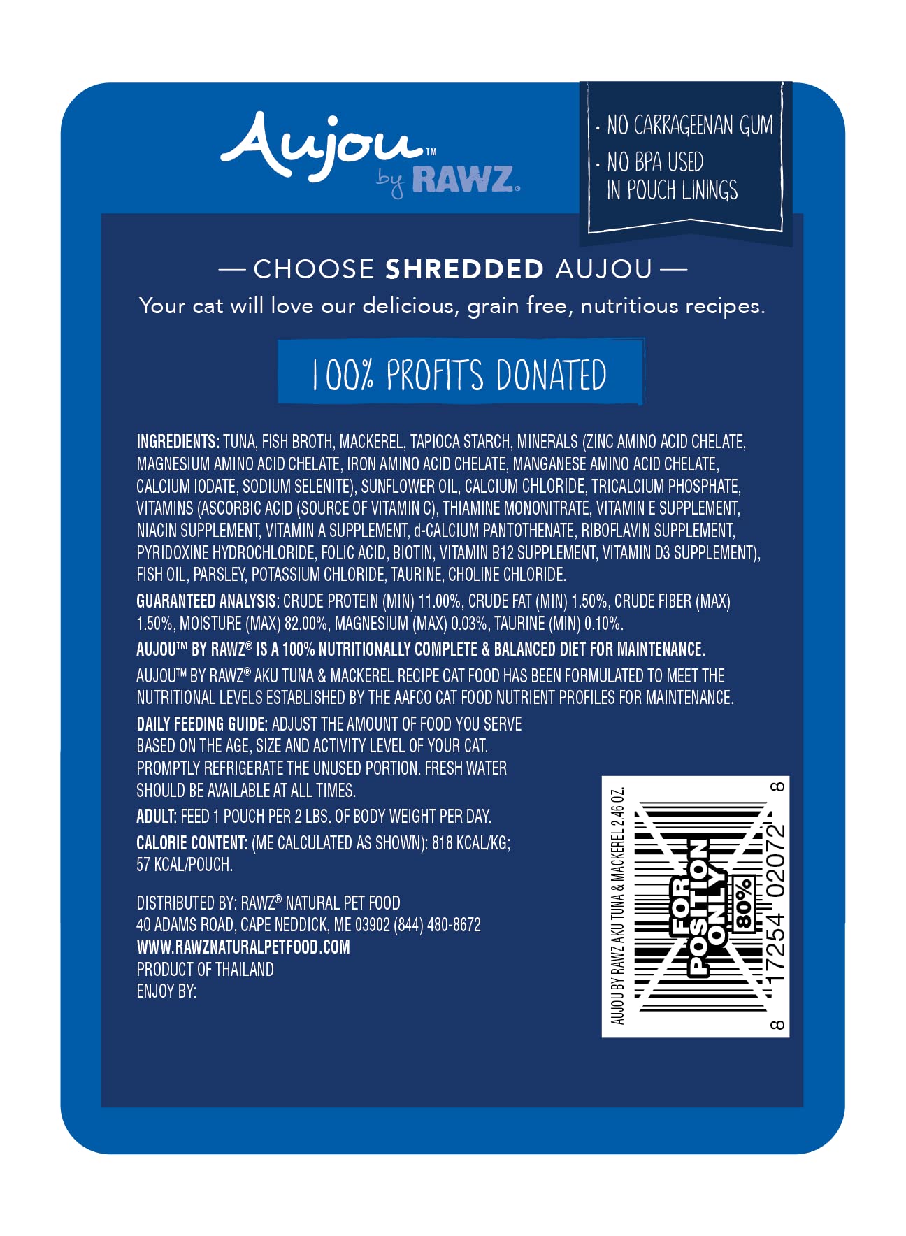 Premium Rawz Aujou Aku Tuna & Mackerel Grain-Free Cat Food - 8 Pack of 2.46 oz Pouches - High Protein Wet Cat Food for Adult & Senior Cats - Perfect for Picky Eaters & Sensitive Stomachs - Ideal for Mealtime, Travel & Treat Rewards