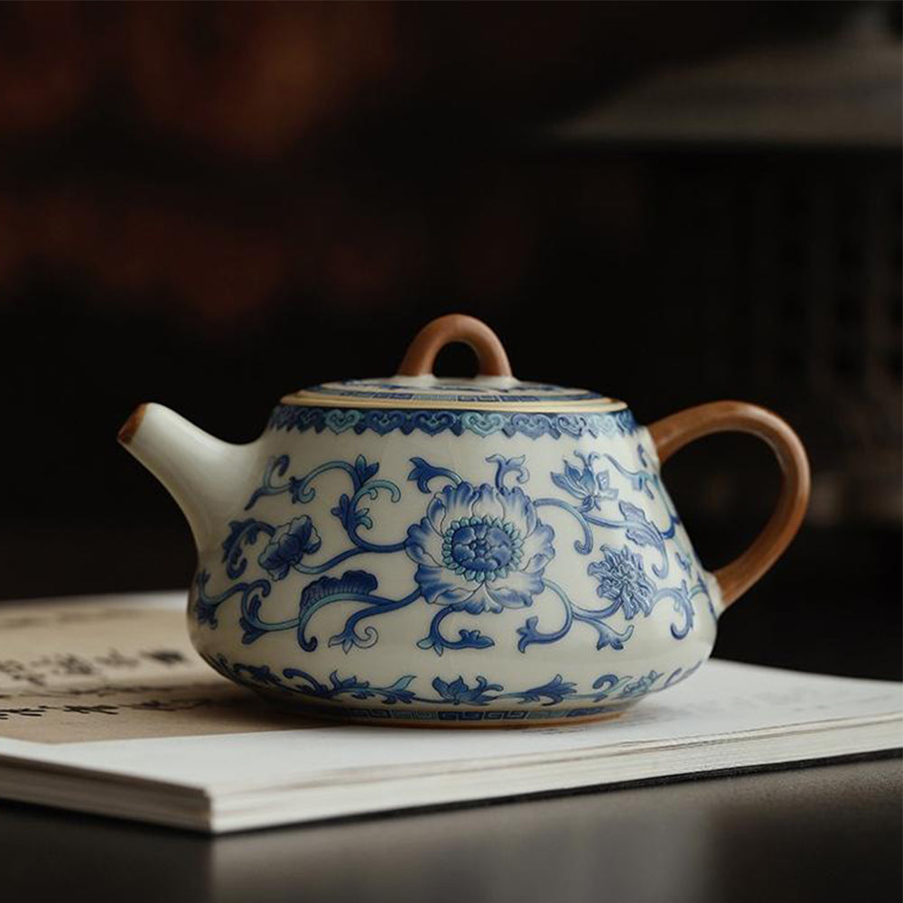 Exquisite Chinese Blue and White Ruyao Shi Piao Teapot - Handcrafted Ceramic Teapot for Tea Lovers | Perfect for Home, Office, and Gift Giving