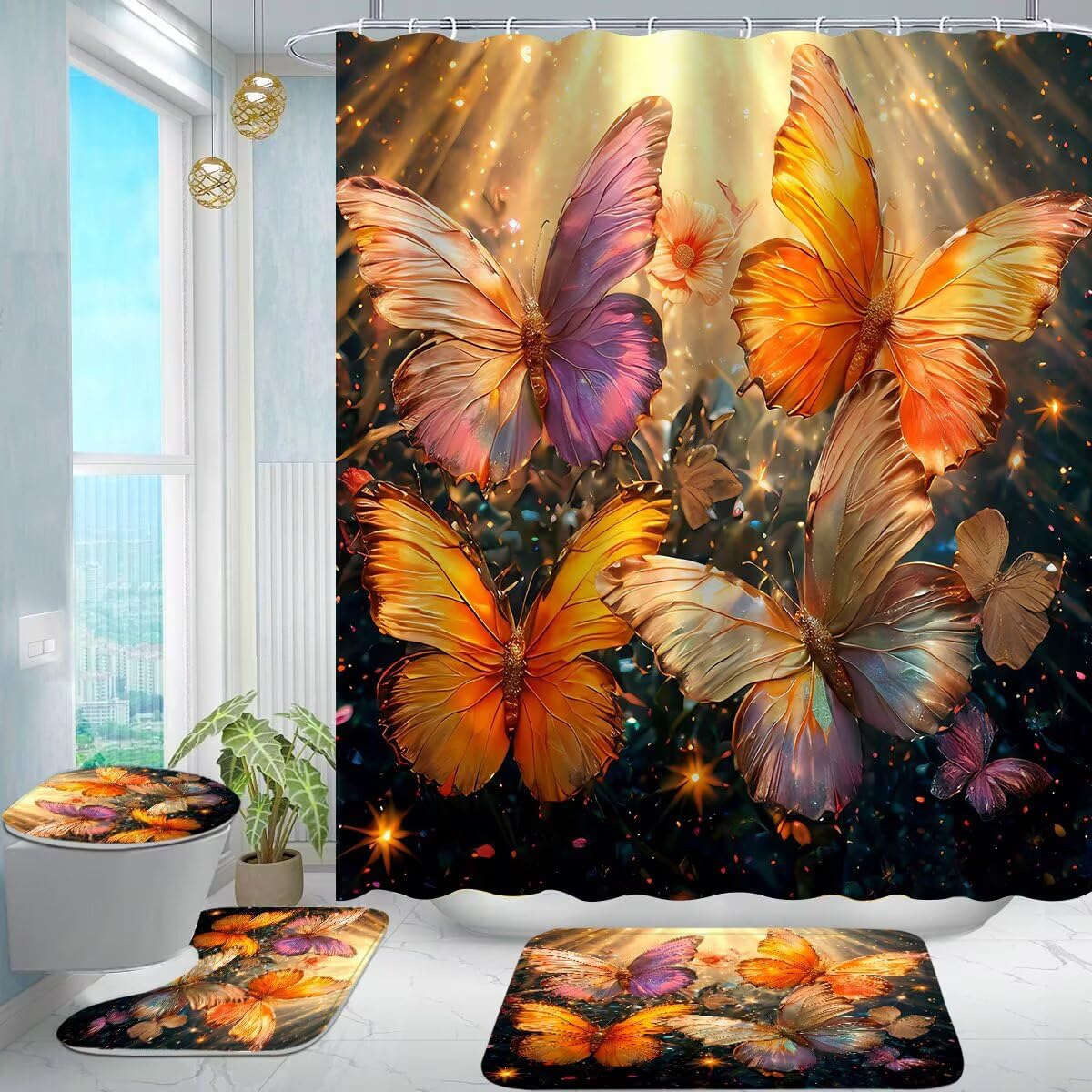 4Pcs Gold Butterfly Shower Curtain Set - Elegant Bathroom Decor with 12 Hooks, Rugs & Toilet Lid Cover - Waterproof Luxury Bath Accessories for Modern Home & Spa-Like Bathroom Experience