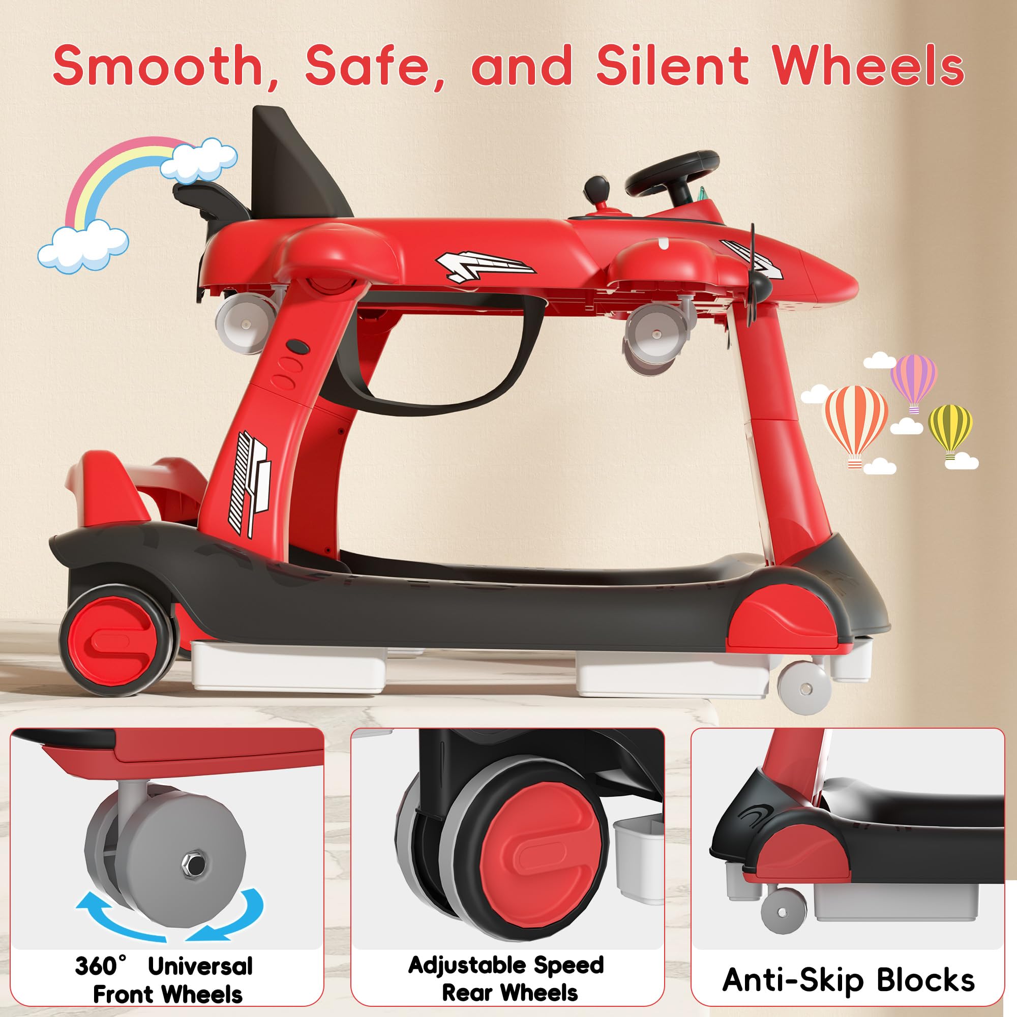 6-in-1 Foldable Baby Walker with Adjustable Height & Speed - Airplane-Themed Activity Push Walker with Music, Lights & Anti-Slip Wheels - Perfect for Boys & Girls 6-18 Months - Ideal for Learning to Walk, Indoor Play & Developmental Activities