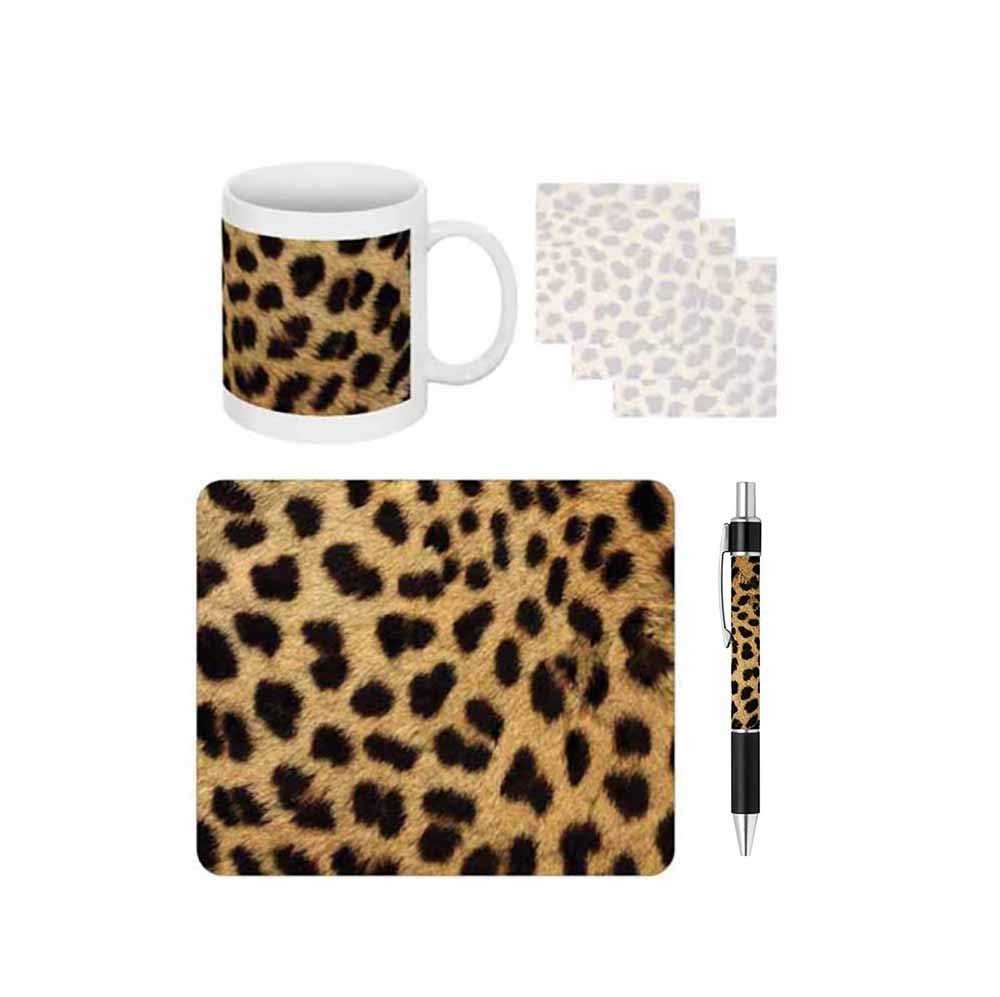 Cheetah Print Desk Gift Set - Includes Sticky Notes, Pen, Mouse Pad & Coffee Mug | Perfect Office Supplies for Coworkers, Boss Day Gifts & Home Workspace Organization