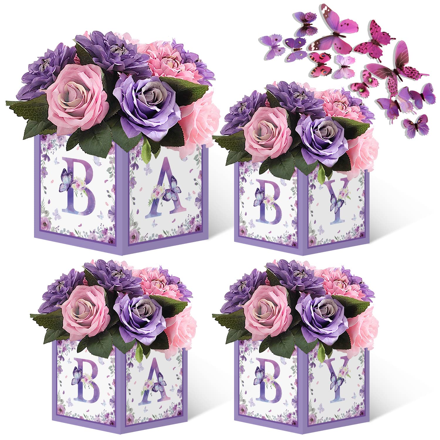 Purple Butterfly Baby Shower Decor Boxes - 4pc Gender Reveal & Birthday Centerpieces for Party Decorating