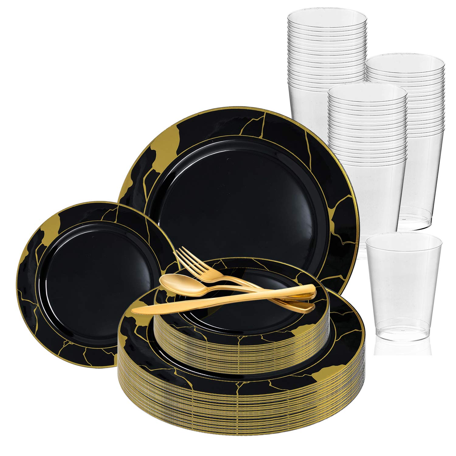 Elegant Disposable Plastic Dinnerware Set for 60 Guests - Premium Black with Gold Marble Rim Dinner Plates, Dessert Plates, Silverware & Cups Bulk | Perfect for Weddings, Birthday Parties, Catering & Special Events | Durable & Stylish Party Tableware for Hassle-Free Entertaining