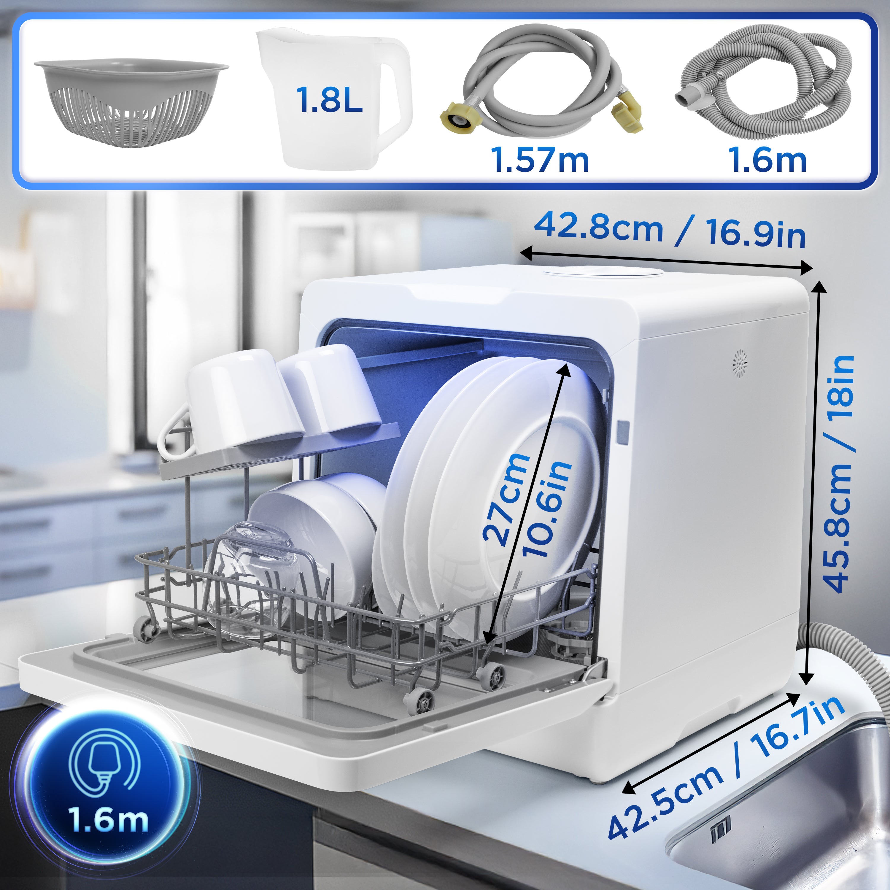 Duronic DW5 WE 950W Compact Tabletop Dishwasher - 5L Mini Dish Washer with 8 Wash Cycles | Eco-Friendly Electric Countertop Cleaner for Plates, Glass, Cutlery & Fruits | Perfect for Small Kitchens, Apartments & RVs (White)