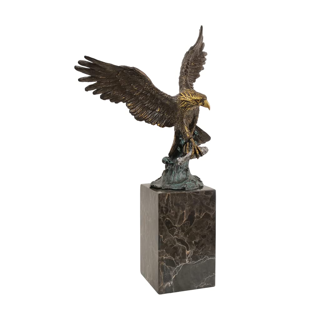 Bronze Eagle Catching Fish Statue - Handcrafted Falcon Hawk Sculpture Figurine for Home & Office Decor - Perfect for Bookshelf, Desk, or Gift