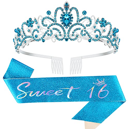 Blue Sweet 16 Birthday Tiara & Sash Set - Elegant 16th Birthday Crown & Decorations for Girls & Women | Perfect for Sweet 16 Parties, Quinceañeras & Milestone Celebrations