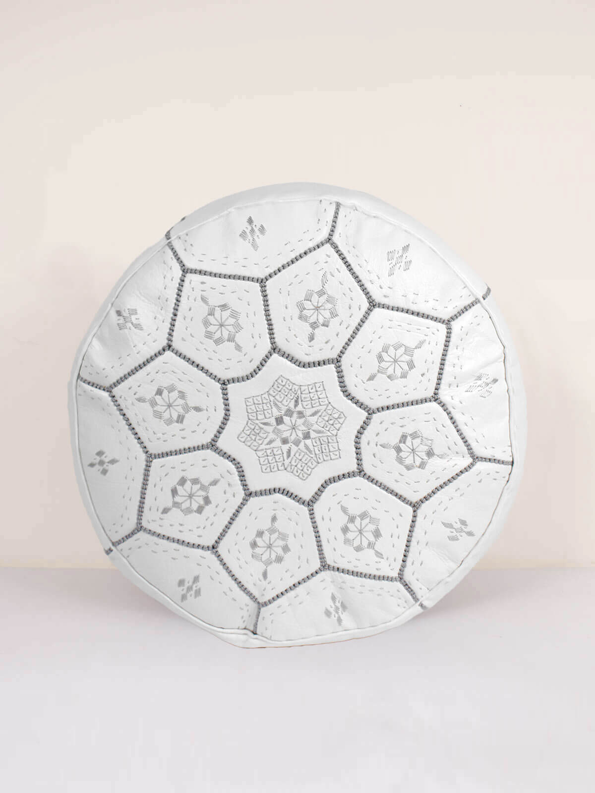 Handmade Moroccan Leather Tile Pouffe Ottoman - White & Grey Boho Chic Footstool for Living Room, Bedroom & Lounge Decor