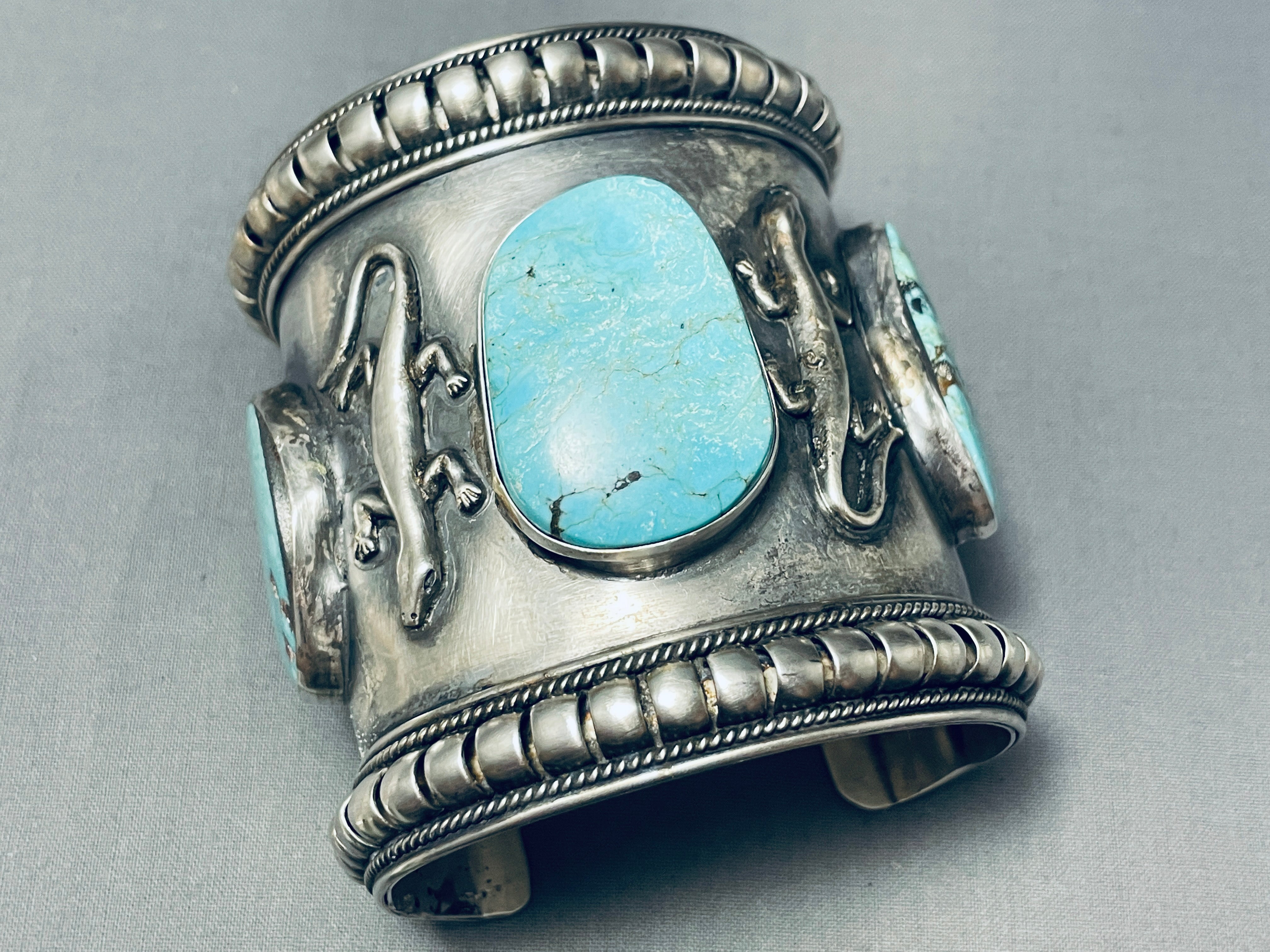 Authentic Native American Navajo Turquoise Sterling Silver Bracelet - 160 Gram Handmade Gecko Design Jewelry for Women, Perfect for Boho Fashion & Spiritual Healing