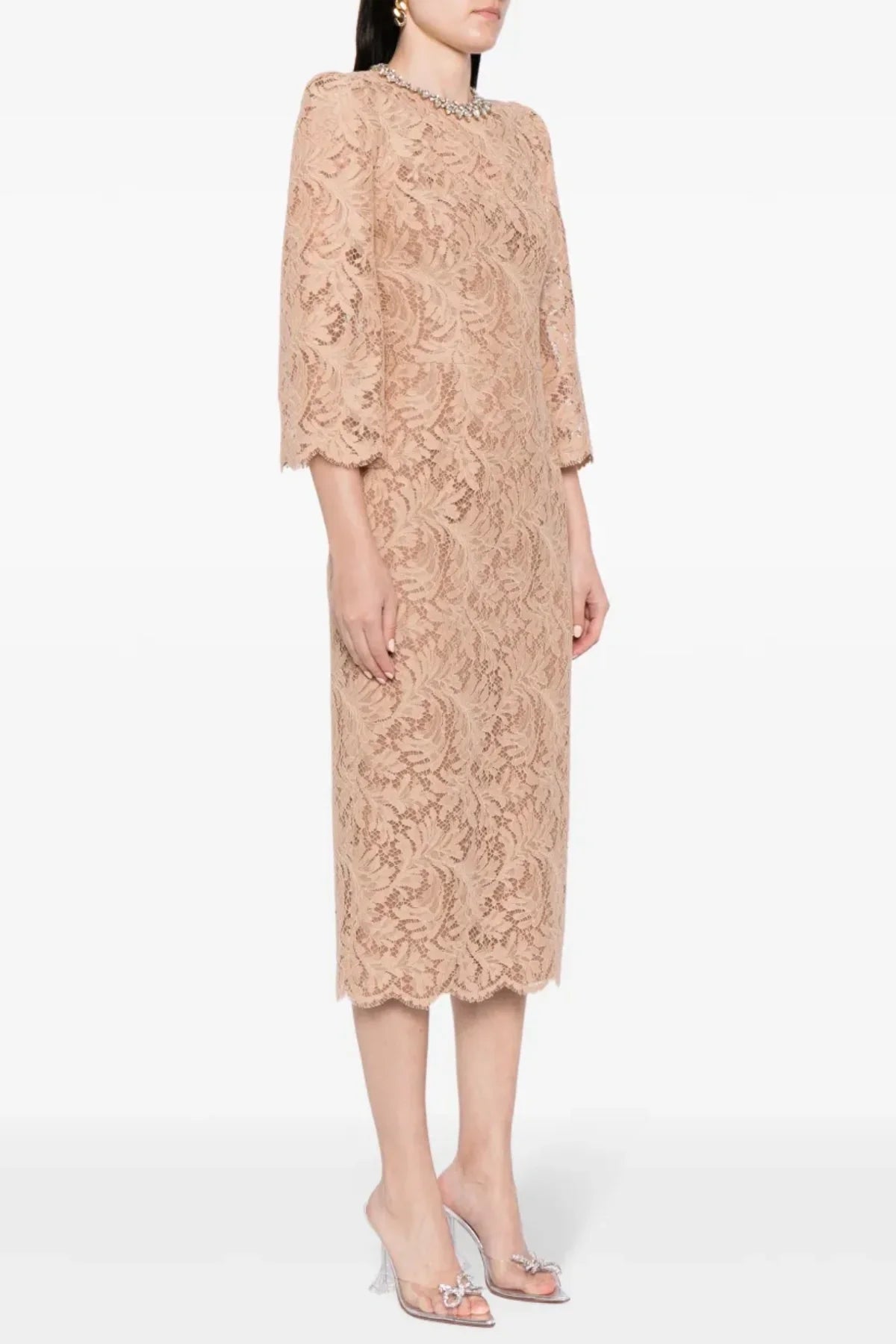 Elegant Acotas Lace Crystal Embellished Midi Dress in Nude - Perfect for Weddings, Parties & Special Occasions