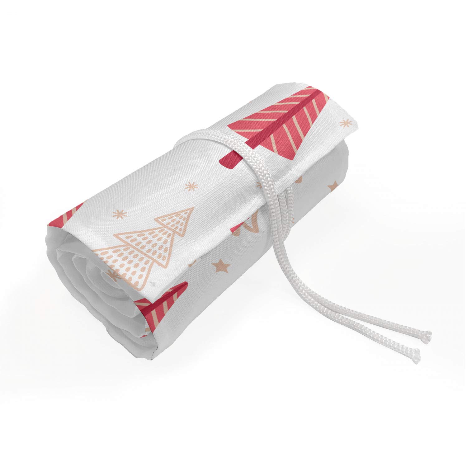Ambesonne Christmas Pencil Case Wrap Roll Holder - Ornamental Trees with Snowflakes & Stars Design - Durable Canvas Pencil Organizer with 48 Loops - Portable School & Office Supplies - Perfect Gift for Students, Artists & Teachers (Pink Blush) | Holiday Season, Back to School & Daily Organization