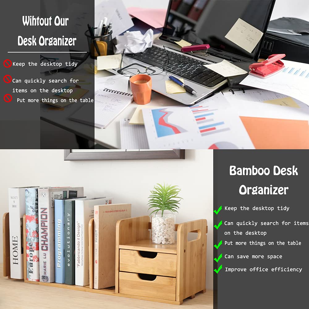 Catekro 6-Tier Bamboo Desktop Organizer with 2 Drawers - Wooden Office Desk Storage for Pens, Notepads, Stationery & Documents - Perfect for Home Office Organization & Workspace Decluttering