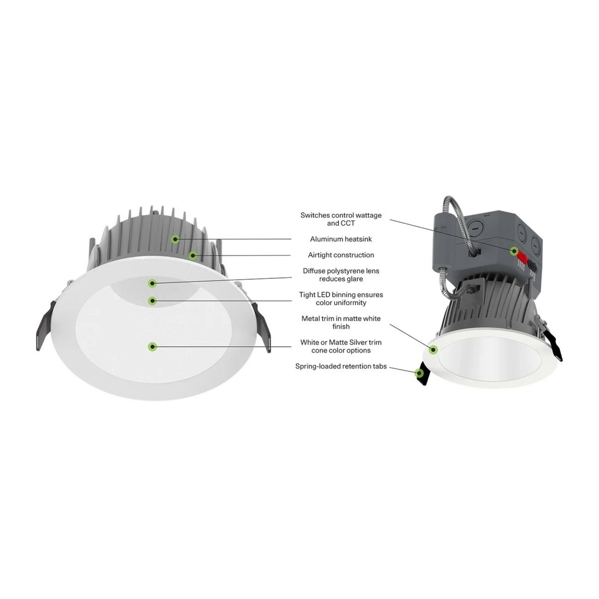 6 Inch Recessed Commercial Downlight - 2000 Lumens, 4 CCT Adjustable (3000K-5000K), White Finish - Perfect for Offices, Retail Stores & Restaurants