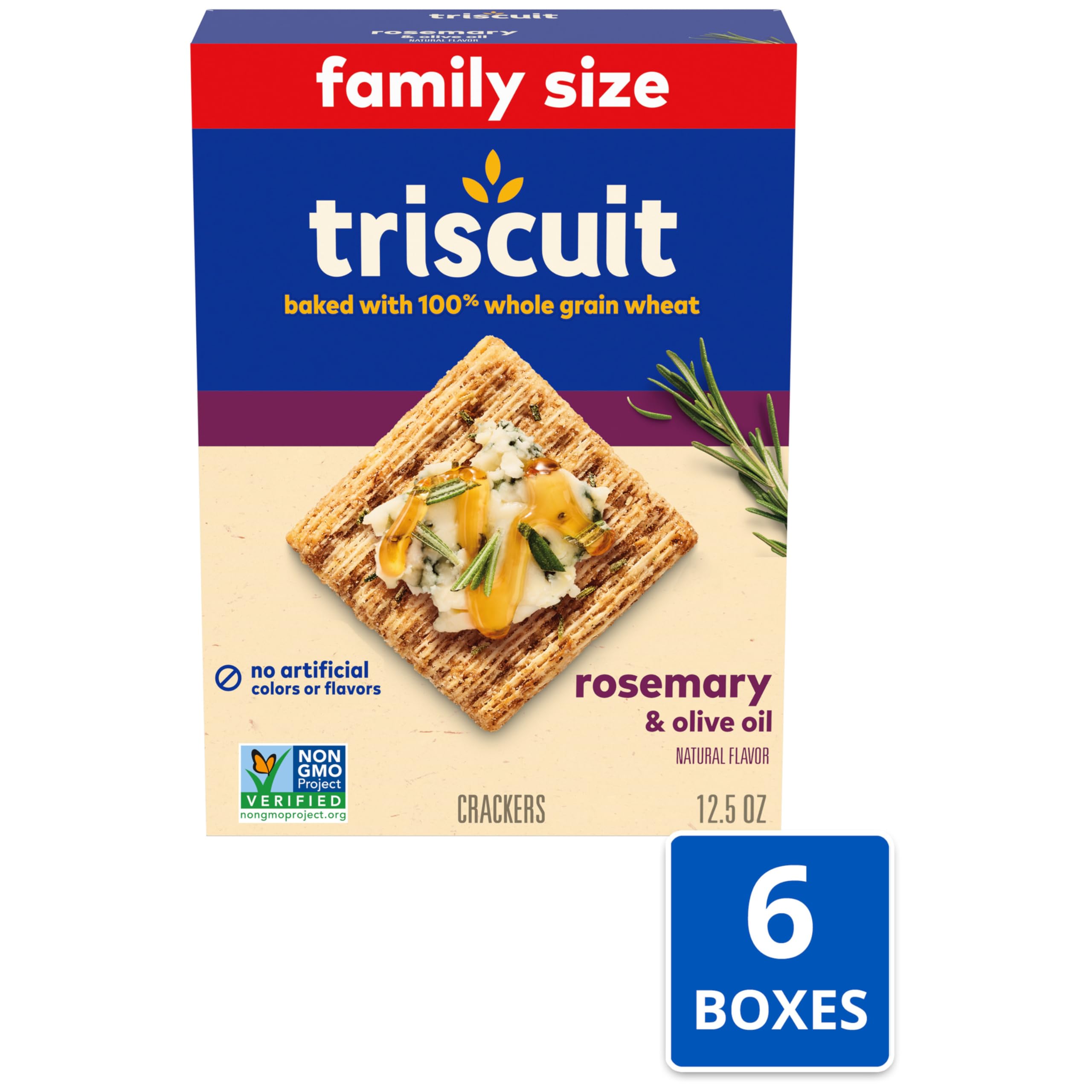 Triscuit Rosemary & Olive Oil Whole Grain Wheat Crackers - Healthy Lunch Snacks, Bulk Family Size (6 Pack, 12.5 oz Boxes) - Perfect for Office, School & Picnic Snacking