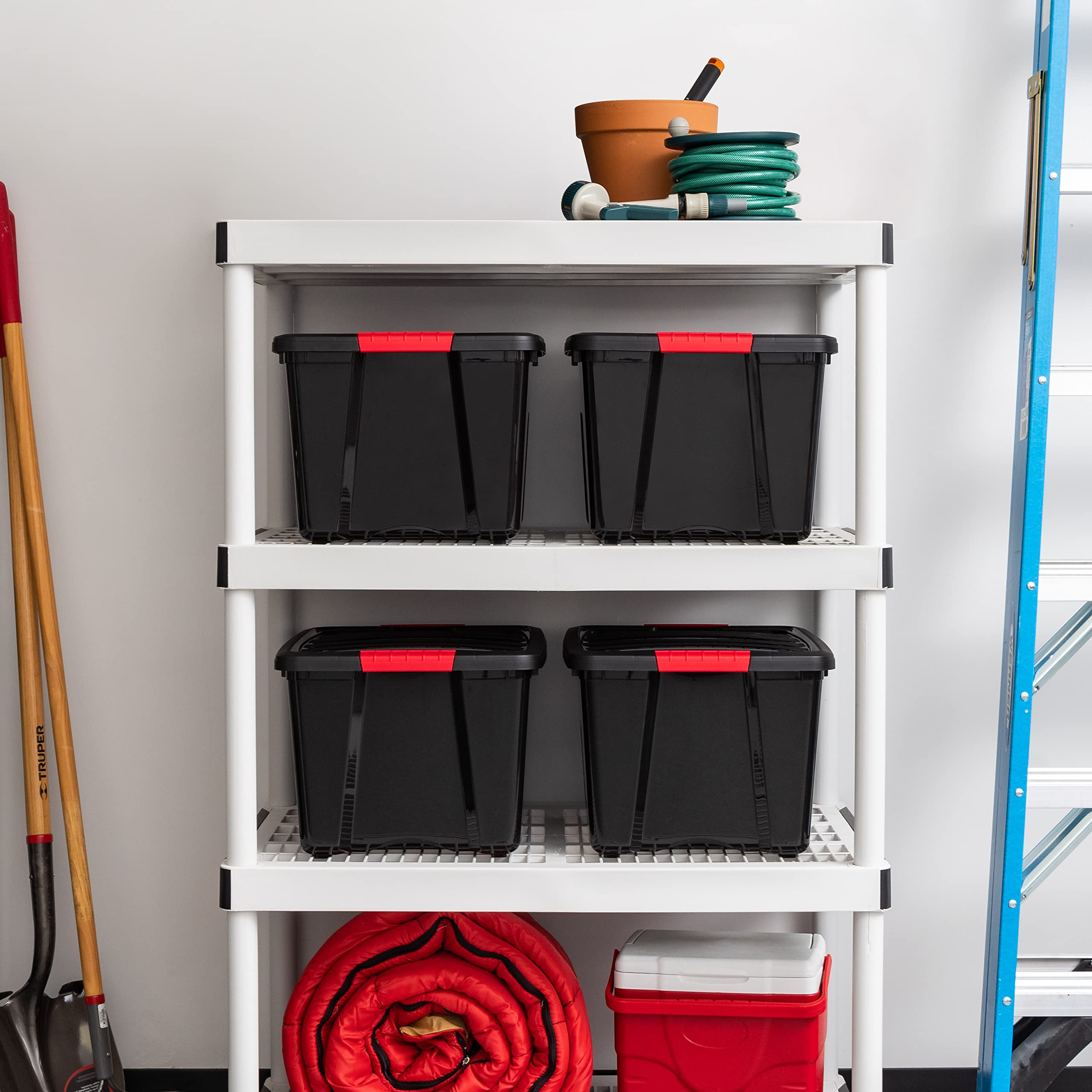 IRIS USA 40 Qt Stackable Plastic Storage Bins with Lids, 4 Pack - BPA-Free, Made in USA - Durable Nestable Containers for Garage, Closet & Home Organization - Secure Pull Handle & Latches - Black Storage Boxes for Seasonal Decor, Toys & Household Items