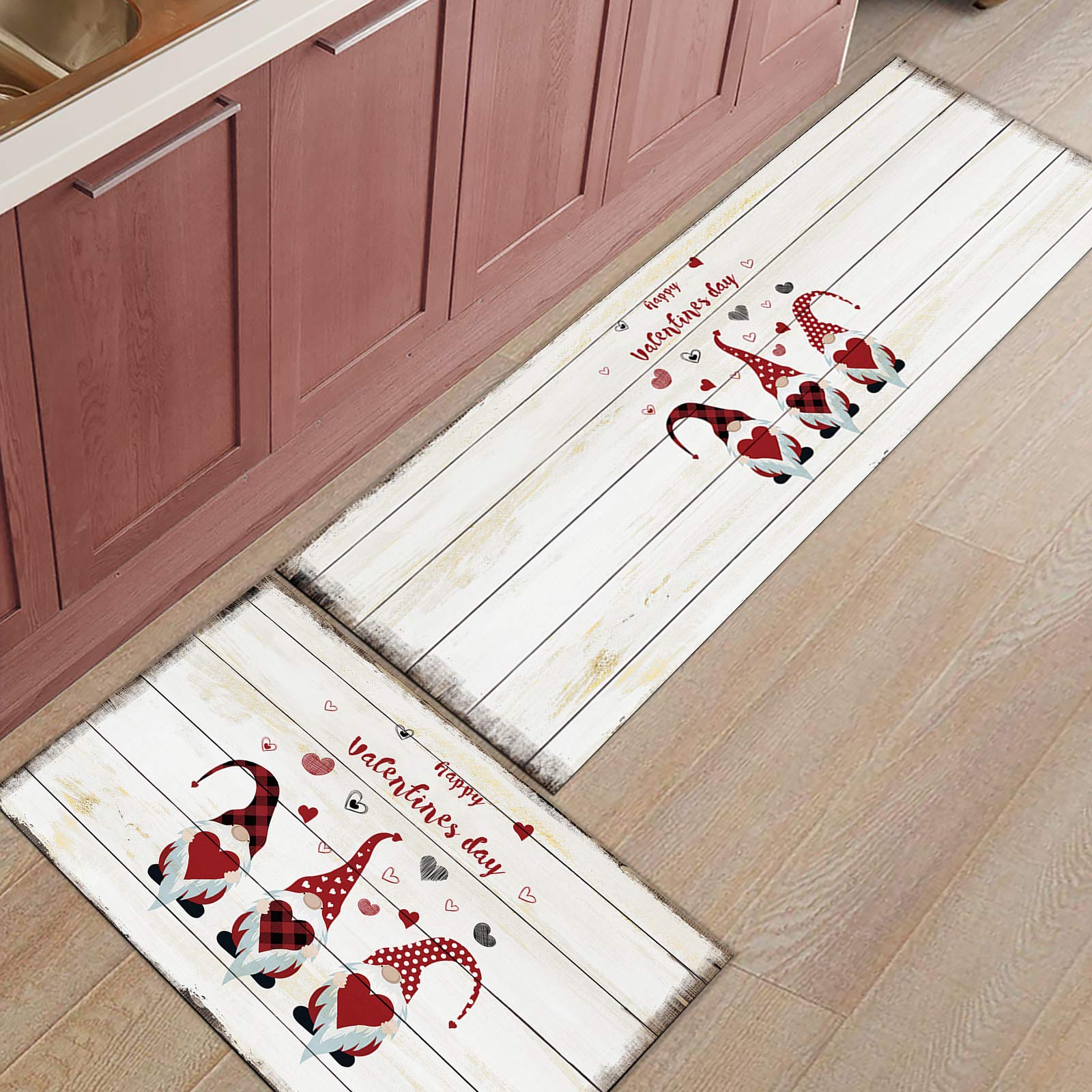 Non-Slip 2-Piece Kitchen Rugs Set with Valentine's Day Gnome & Heart Design - Soft Absorbent Bath Mat, Doormat & Floor Runner for Home Decor - Perfect for Kitchen, Bathroom & Entryway