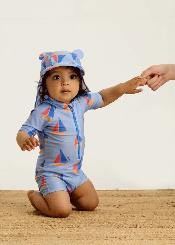 Bonnie Mob Riki Blue Sailboat Baby Swim Rash Guard Suit - UPF 50+ Sun Protection for Beach, Pool & Outdoor Water Activities