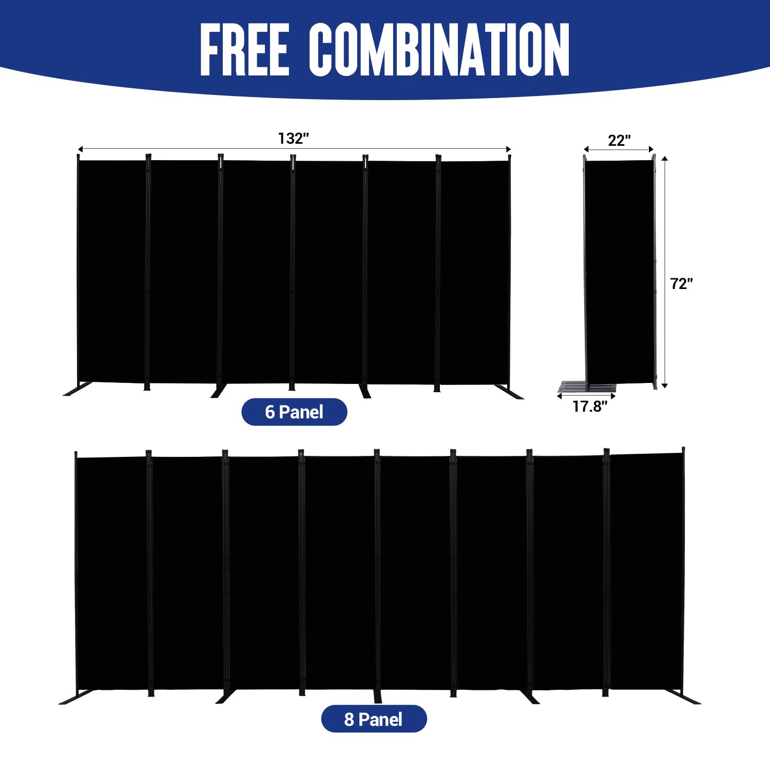 6 Panel Folding Room Divider Privacy Screen - 11 Ft Wide Portable Partition for Bedroom, Office & Studio - Black | Space Separator for Home, Events & Workspaces
