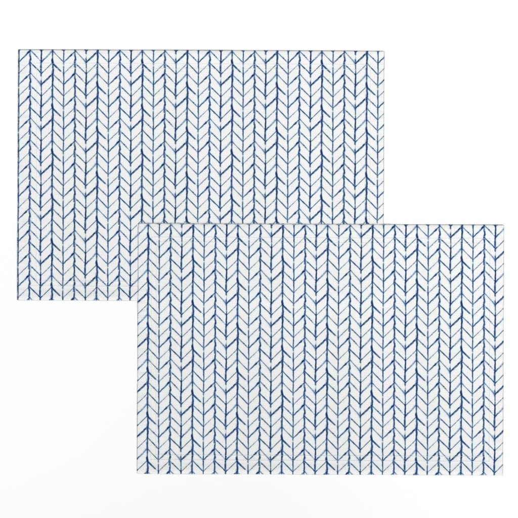 Shibori Chevron Printed Linen Cotton Canvas Placemats Set of 2 - Light Blue Indigo Geometric Design Table Mats for Dining Room & Kitchen Decor - Washable & Durable Table Setting Accessories