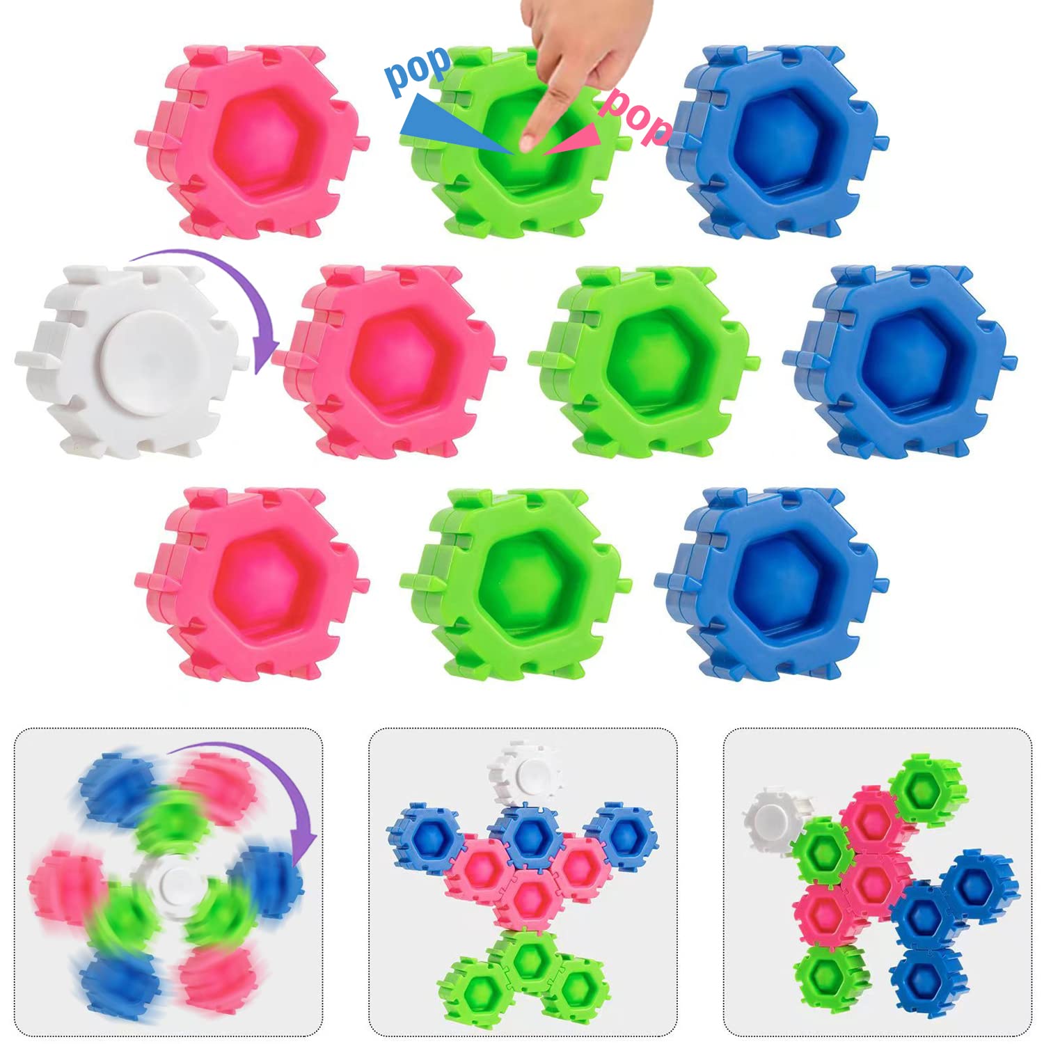 10 Pcs Pop It Building Blocks - Bubble Popper Sensory Fidget Toys for Kids, Stress Relief & Party Favors | Stack, Spin & Build for Creative Play (Classroom, Birthday Goodie Bags, Autism Therapy)