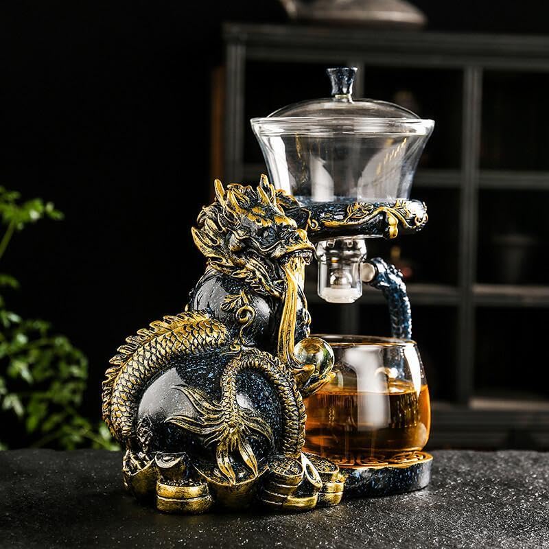 Premium Glass Teapot Set with Stainless Steel Infuser - Semi Automatic Dragon Design Tea Set with 6 Small Cups (Blue & Gold Dragon) - Perfect for Chinese Tea Ceremony, Home Decor & Gift Giving