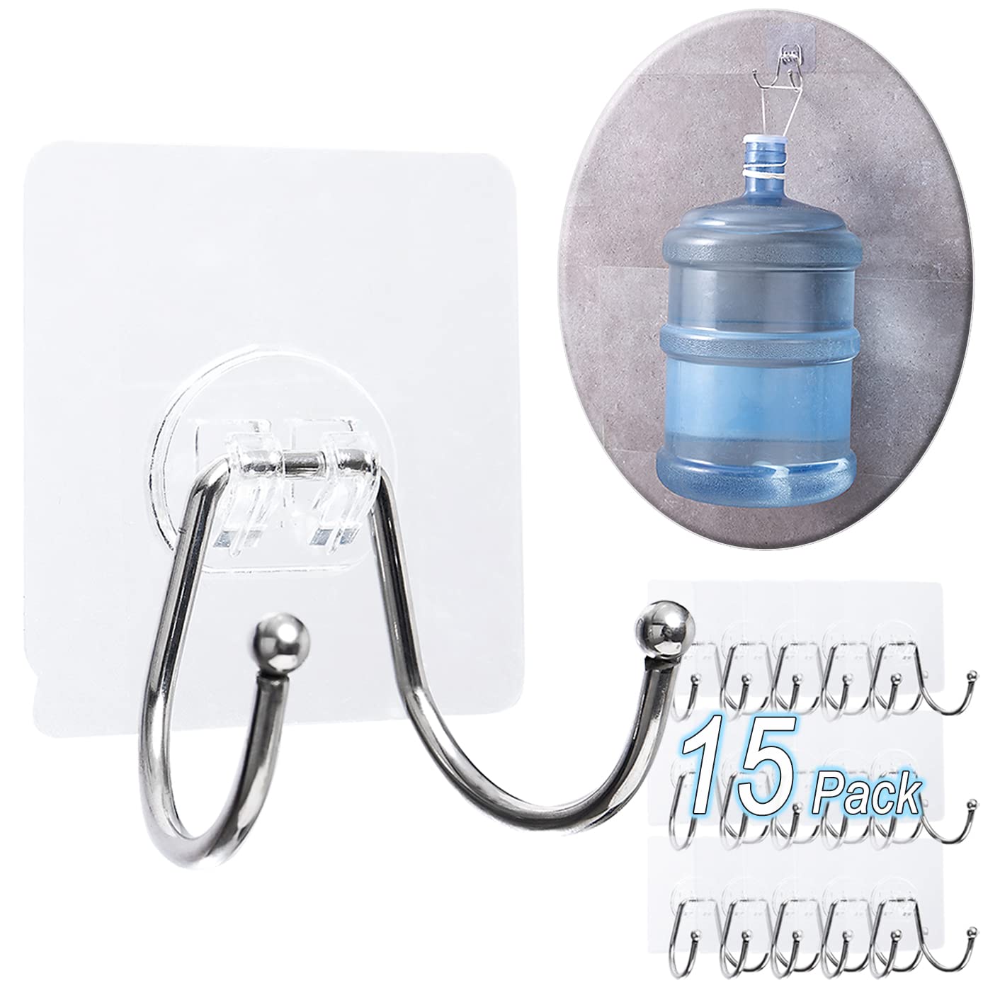 15 Pack Heavy Duty Clear Double Adhesive Wall Hooks - 33lb Max Weight, Waterproof & Damage-Free Hanging Solution for Towels, Coats, Hats & Clothes - Perfect for Bathroom, Kitchen, Bedroom & Office Organization (Twin Round Head)