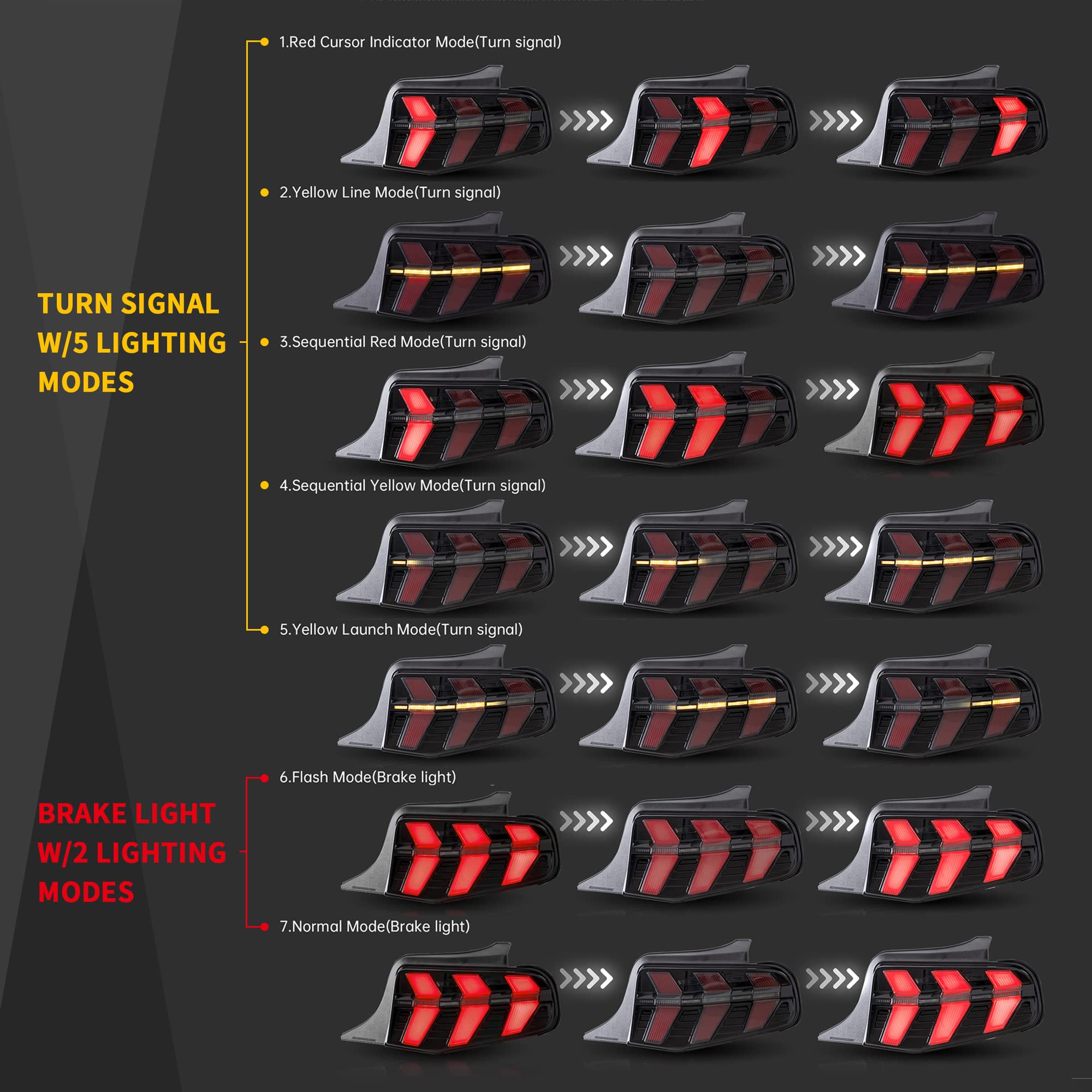 VLAND LED Tail Lights for Ford Mustang 2010-2012 - Sequential Amber/Red Turn Signals, Red Brake Light, 7 Lighting Modes, Smoke Lens (Driver & Passenger Side) | Upgrade Your Mustang's Style & Safety for Night Driving & Car Shows