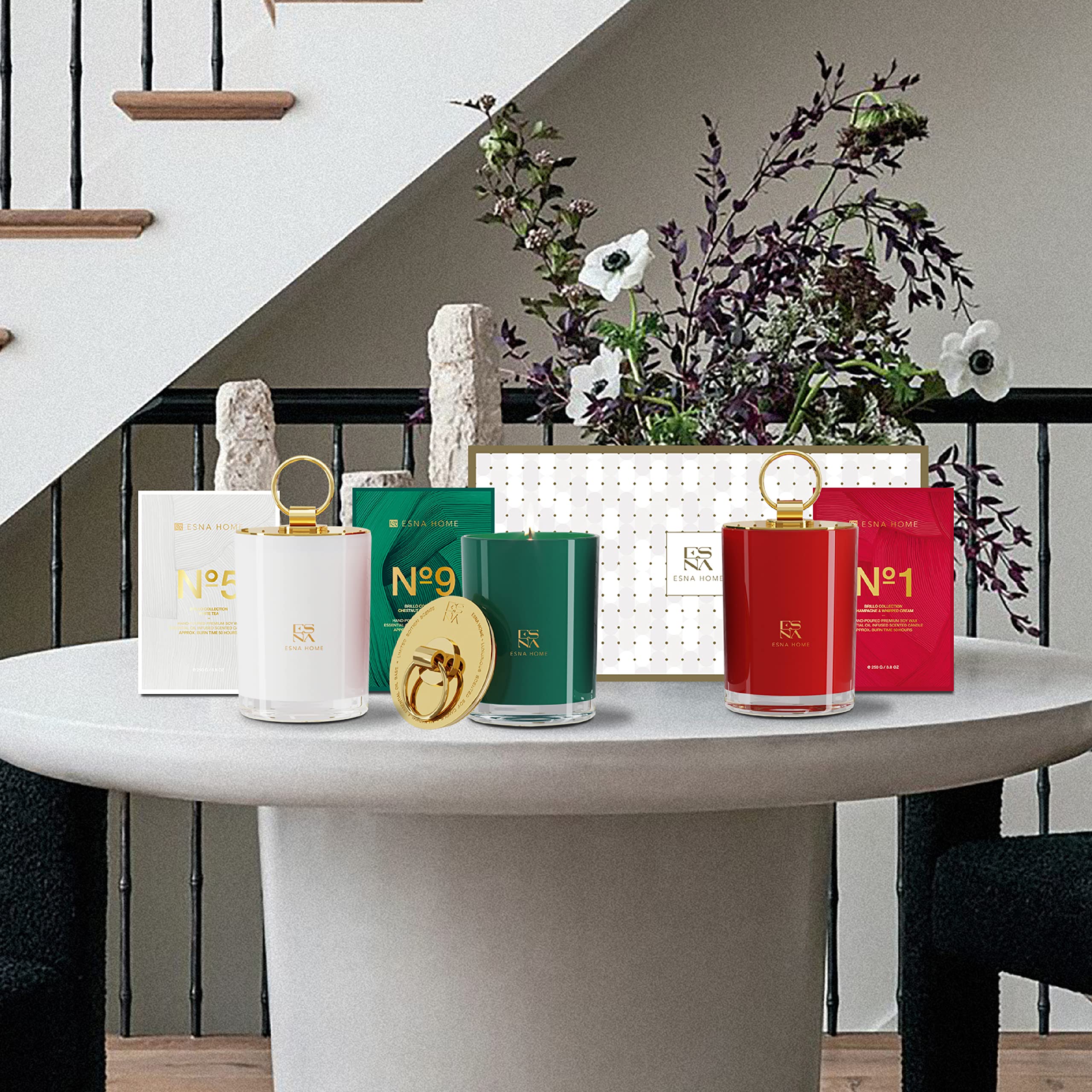ESNA HOME Luxury Trio Gift Set - 3 Full-Size Aromatherapy Soy Candles | All Natural Scented Candles with 150-Hour Clean Burn | Perfect Holiday Gift Set in Hand-Sealed Box & Matching Sleeve | Ideal for Home Relaxation, Spa Nights & Thoughtful Gifting