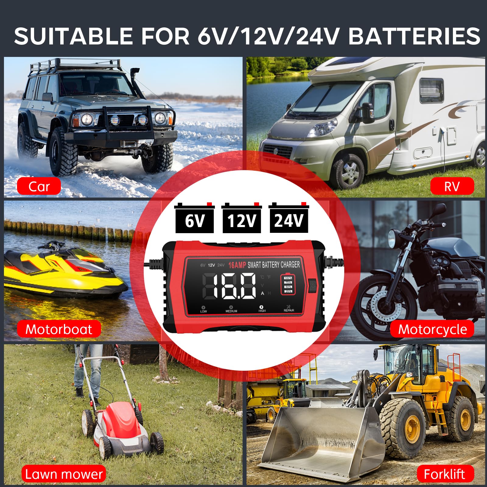 16-Amp Smart Battery Charger for 6V/12V/24V Automotive Batteries - Universal Car, SUV, Motorcycle & Boat Charger with Trickle Charge Mode - Compatible with Lead-Acid, Lithium & LiFePO4 Batteries - Perfect for Winter Storage, Long-Term Maintenance & Emergency Charging