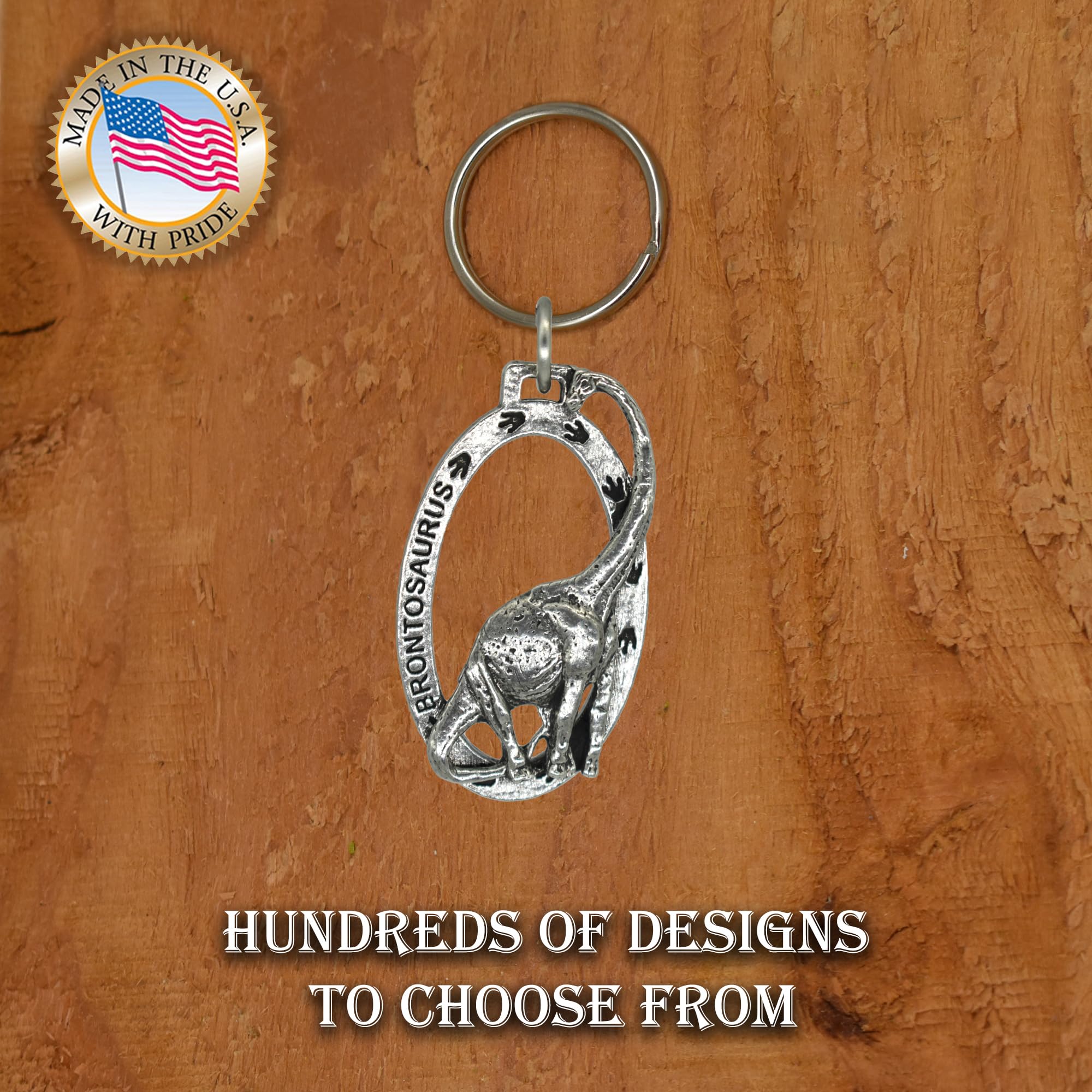 Brontosaurus Keychain - 2” Pewter Dinosaur Key Ring | 100% Handmade in USA | Durable Metal Key Fob Gift | Perfect for Home, Office & Travel Essentials | Over 100 Unique Keychain Designs