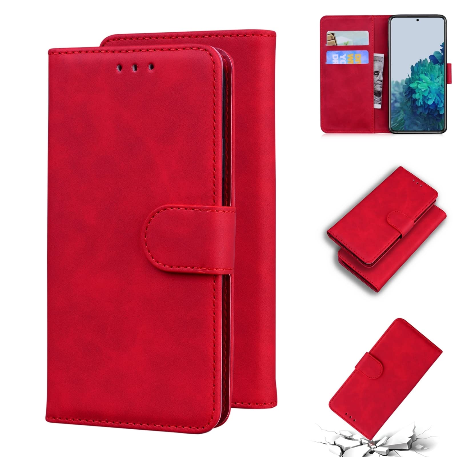 Premium Genuine Leather Flip Case for Samsung Galaxy S21+ 5G - Slim Protective Cover with Soft Skin Feel, Pure Color Design (Red) - Perfect for Business, Travel & Everyday Use