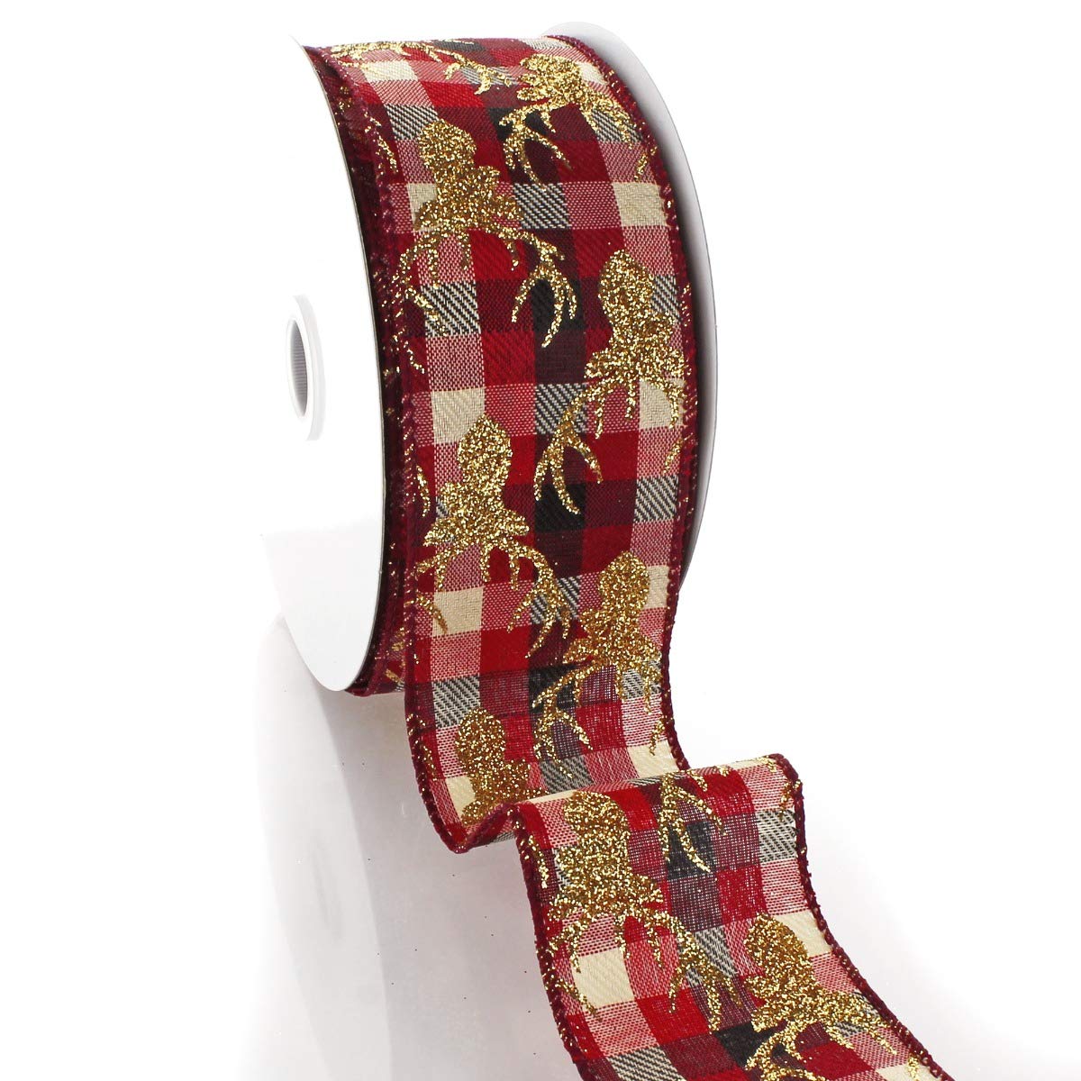 Gold Glitter Deer Red & Black Buffalo Plaid Wired Ribbon - 2.5